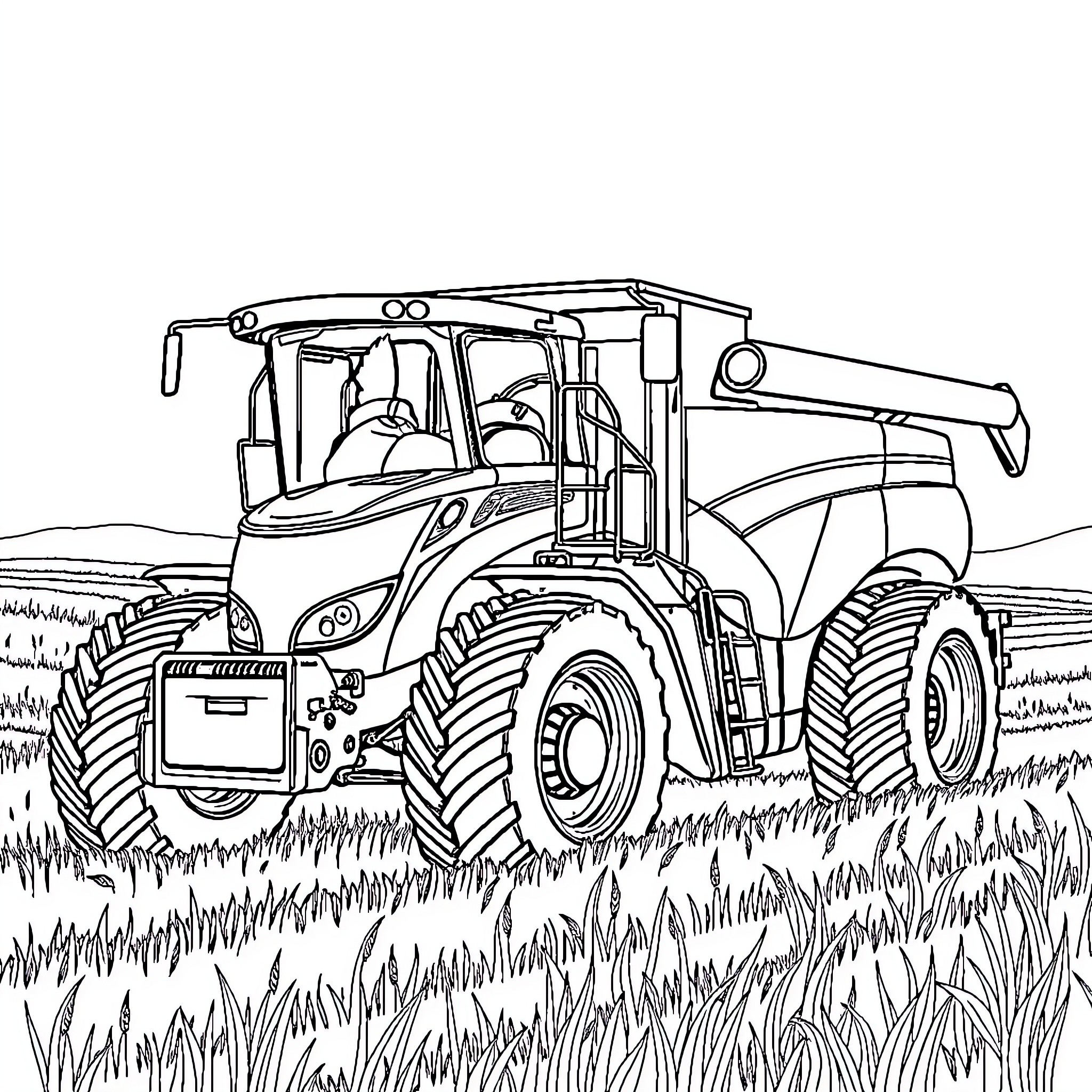 Tractor harvesting crops in the field Coloring Page (free black-and-white line drawing printable PDF for all, from beginners to advanced learners, including children, teens, adults, and seniors)