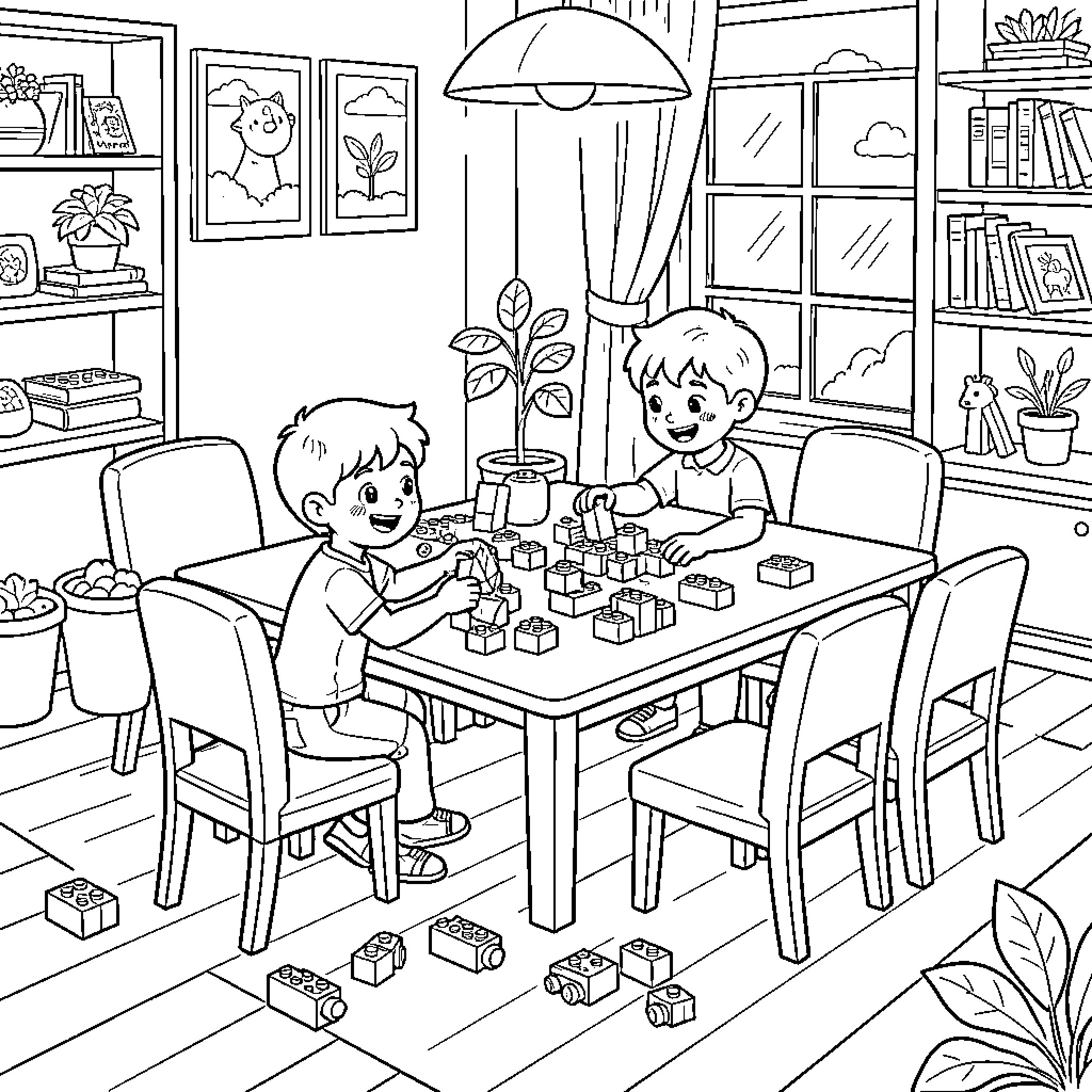 Niños jugando con bloques de construcción en la sala de estar Coloring Page (free black-and-white line drawing printable PDF for all, from beginners to advanced learners, including children, teens, adults, and seniors)