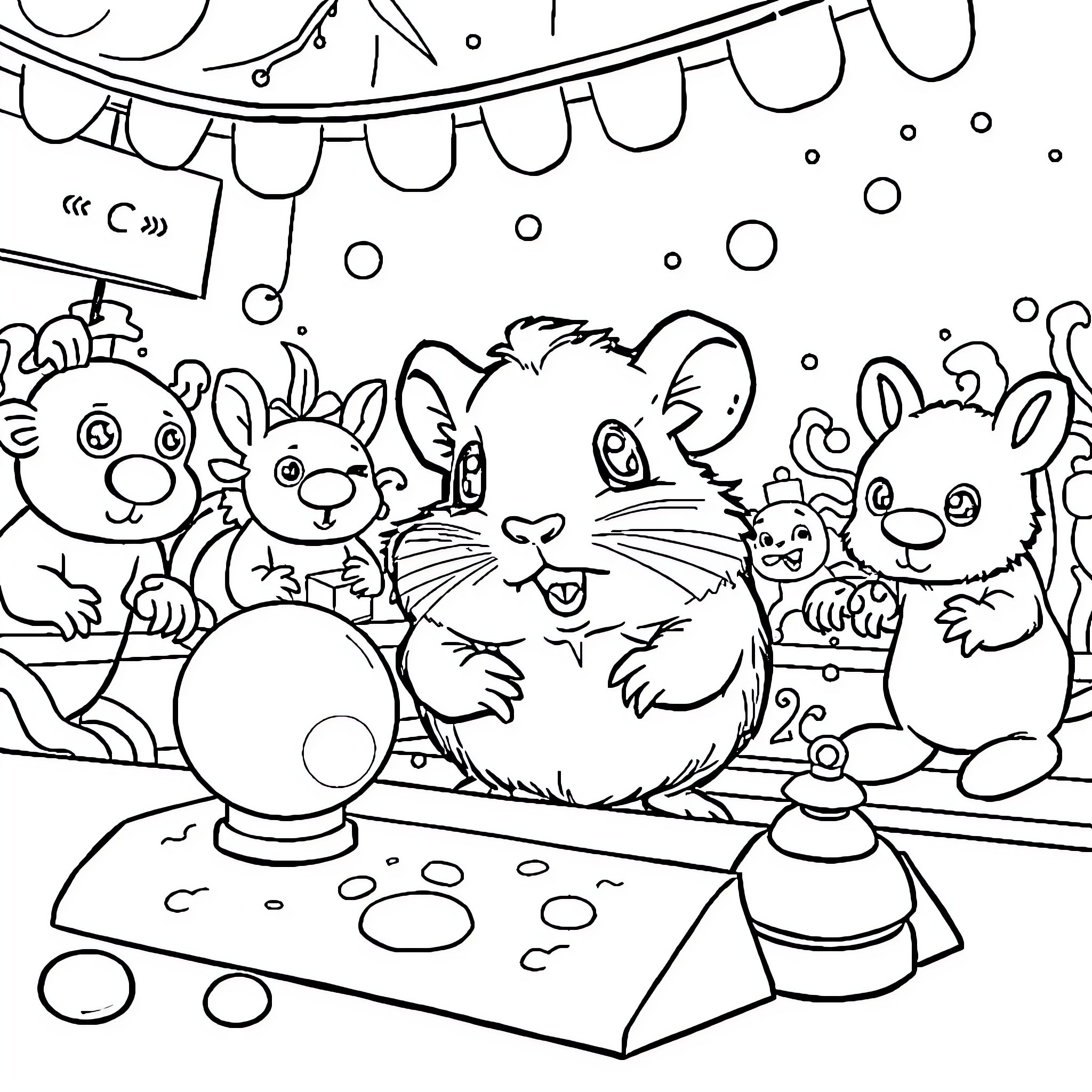 Hamster Performers at the Circus Coloring Page (free black-and-white line drawing printable PDF for all, from beginners to advanced learners, including children, teens, adults, and seniors)