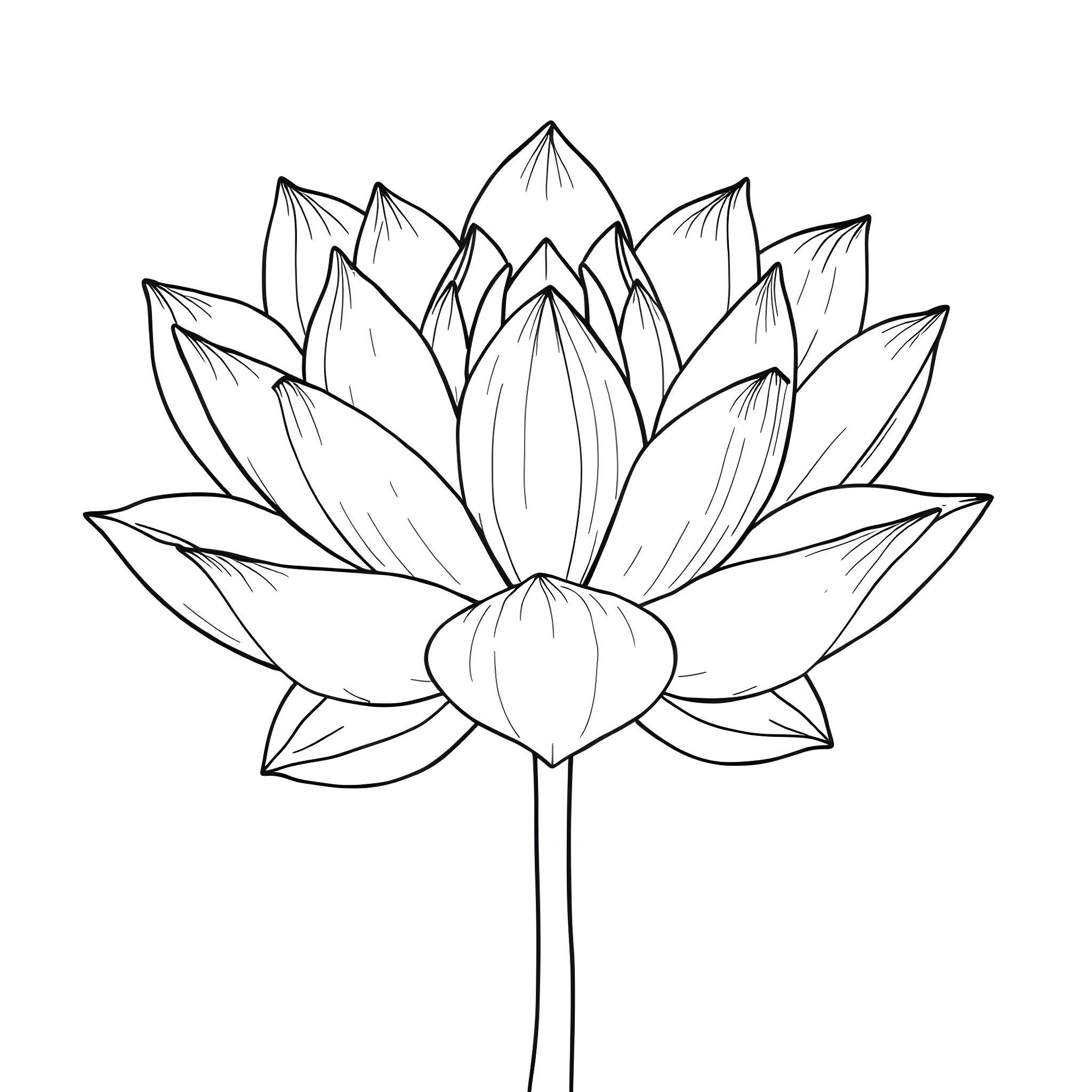 Lotus flower with detailed petals Coloring Page (free black-and-white line drawing printable PDF for all, from beginners to advanced learners, including children, teens, adults, and seniors)