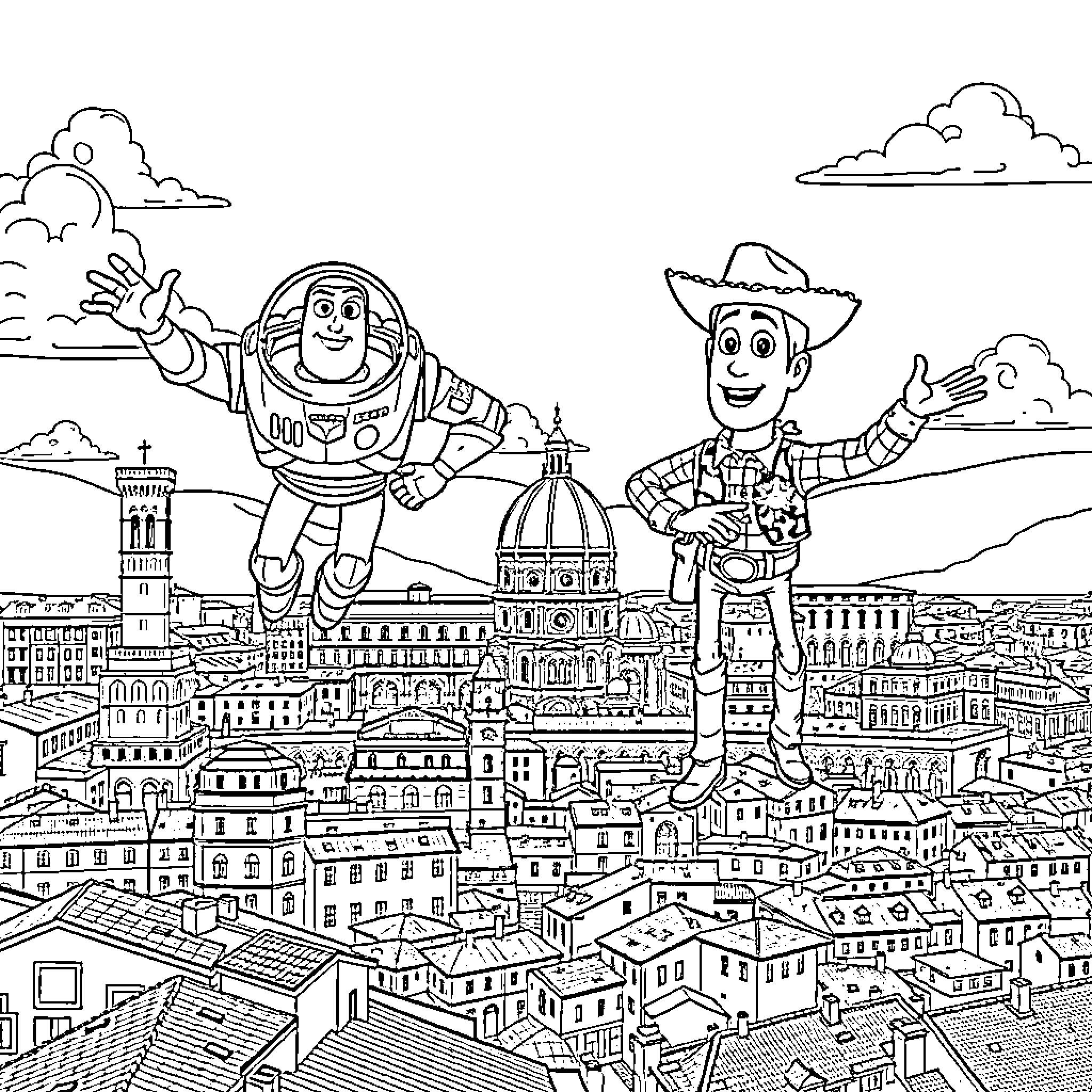 Buzz and Woody's Exciting Adventure in the City Coloring Page (free black-and-white line drawing printable PDF for all, from beginners to advanced learners, including children, teens, adults, and seniors)
