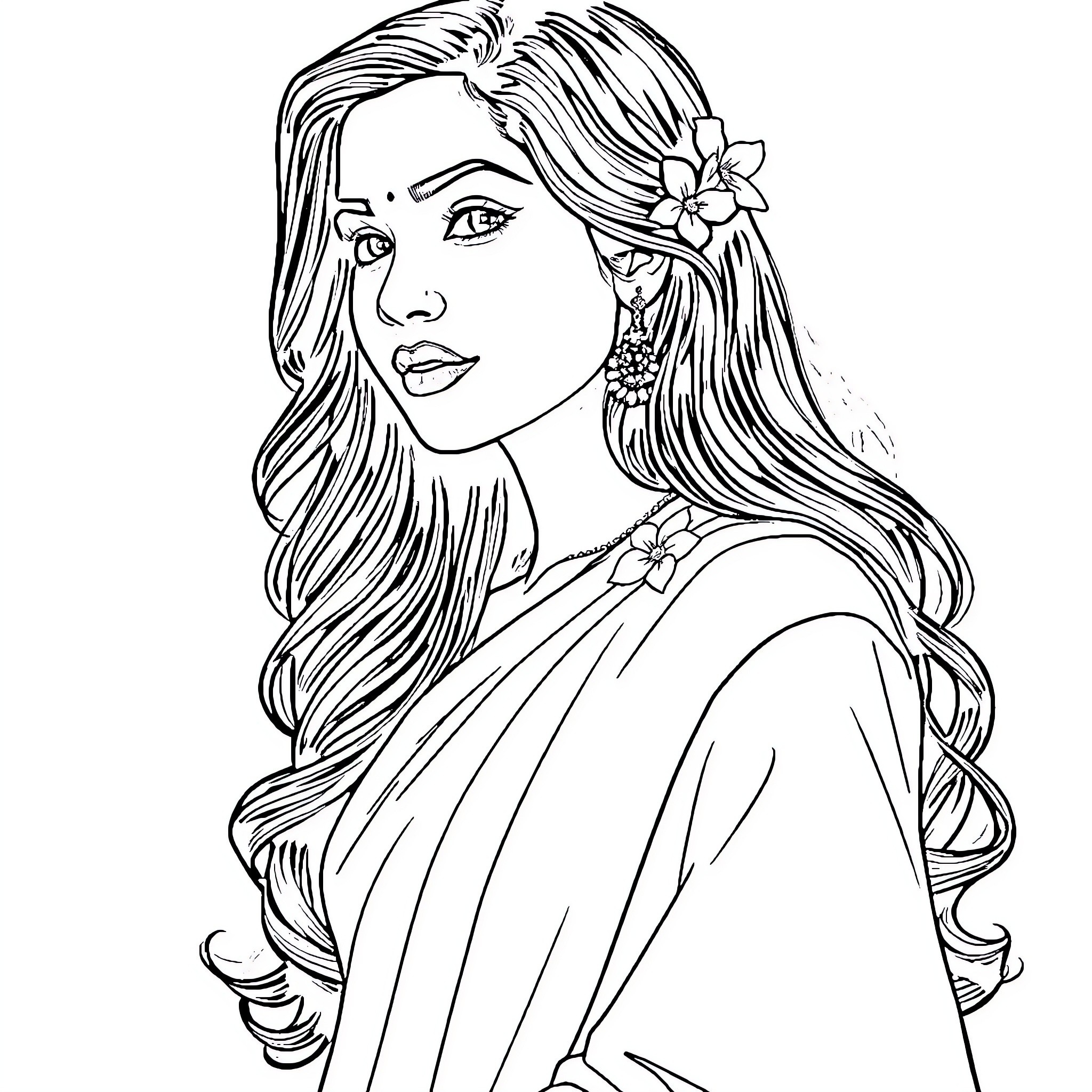 Woman with Flowing Hair and Floral Accessories Coloring Page (free black-and-white line drawing printable PDF for all, from beginners to advanced learners, including children, teens, adults, and seniors)