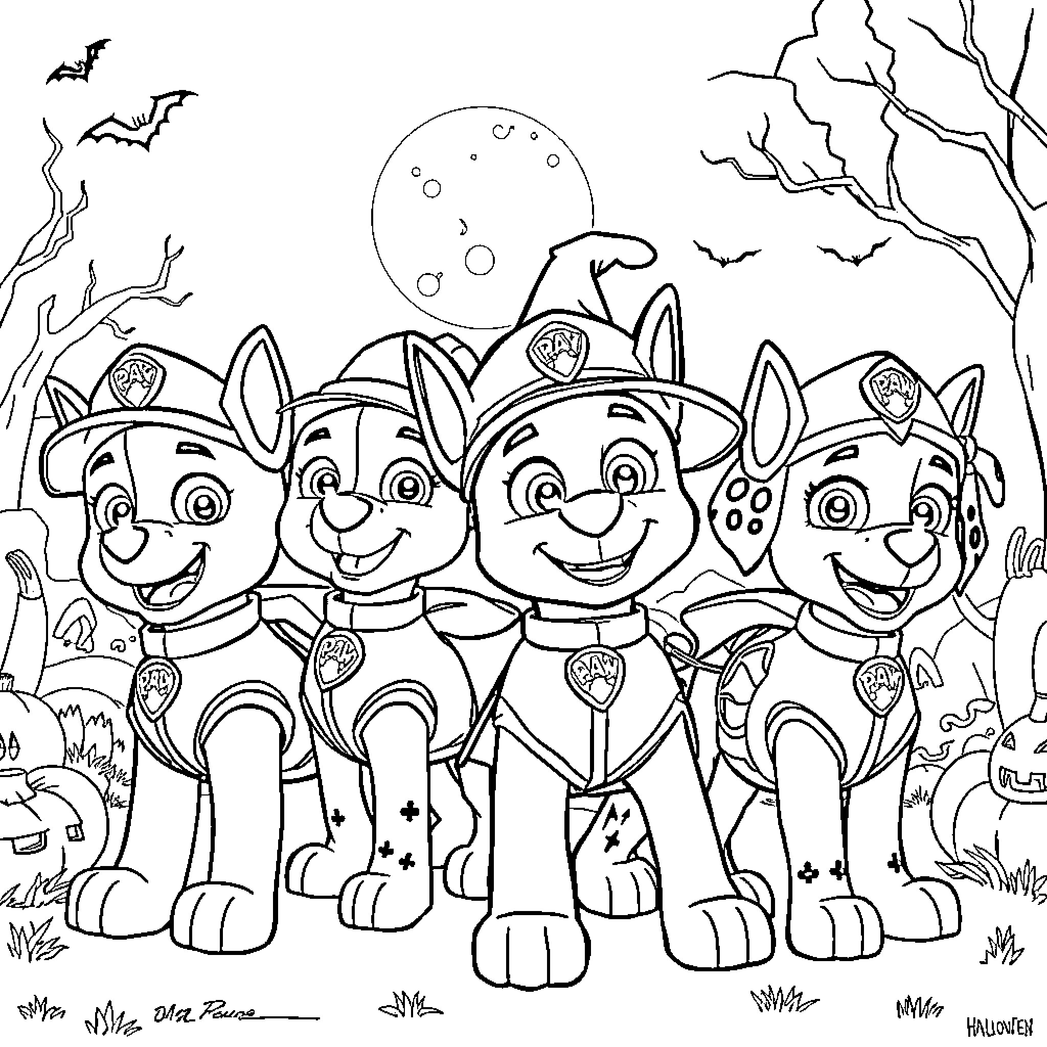 Paw Patrol Trick-or-Treating on a Spooky Night Coloring Page (free black-and-white line drawing printable PDF for all, from beginners to advanced learners, including children, teens, adults, and seniors)