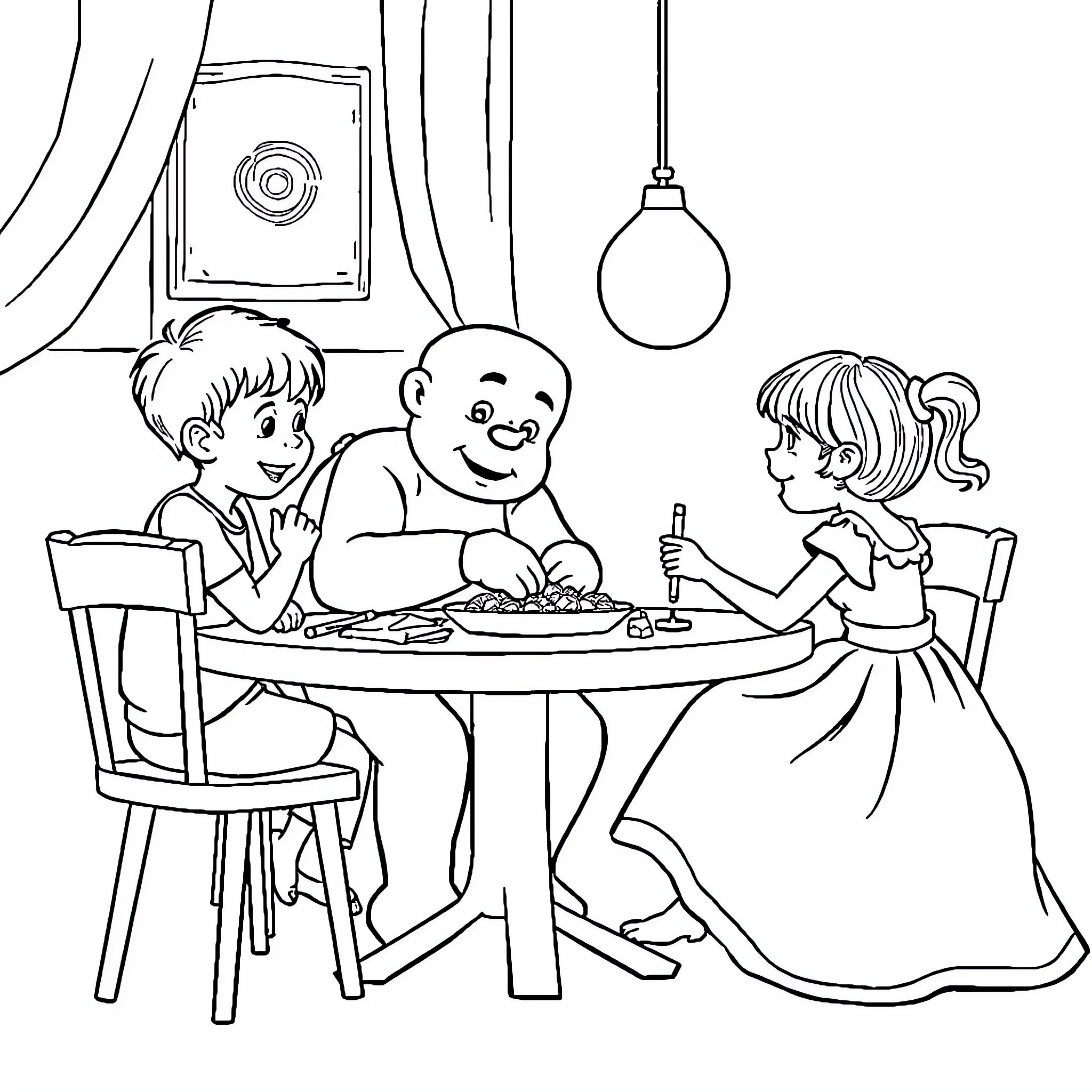 Ganso Family Enjoying a Meal at Home Coloring Page (free black-and-white line drawing printable PDF for all, from beginners to advanced learners, including children, teens, adults, and seniors)