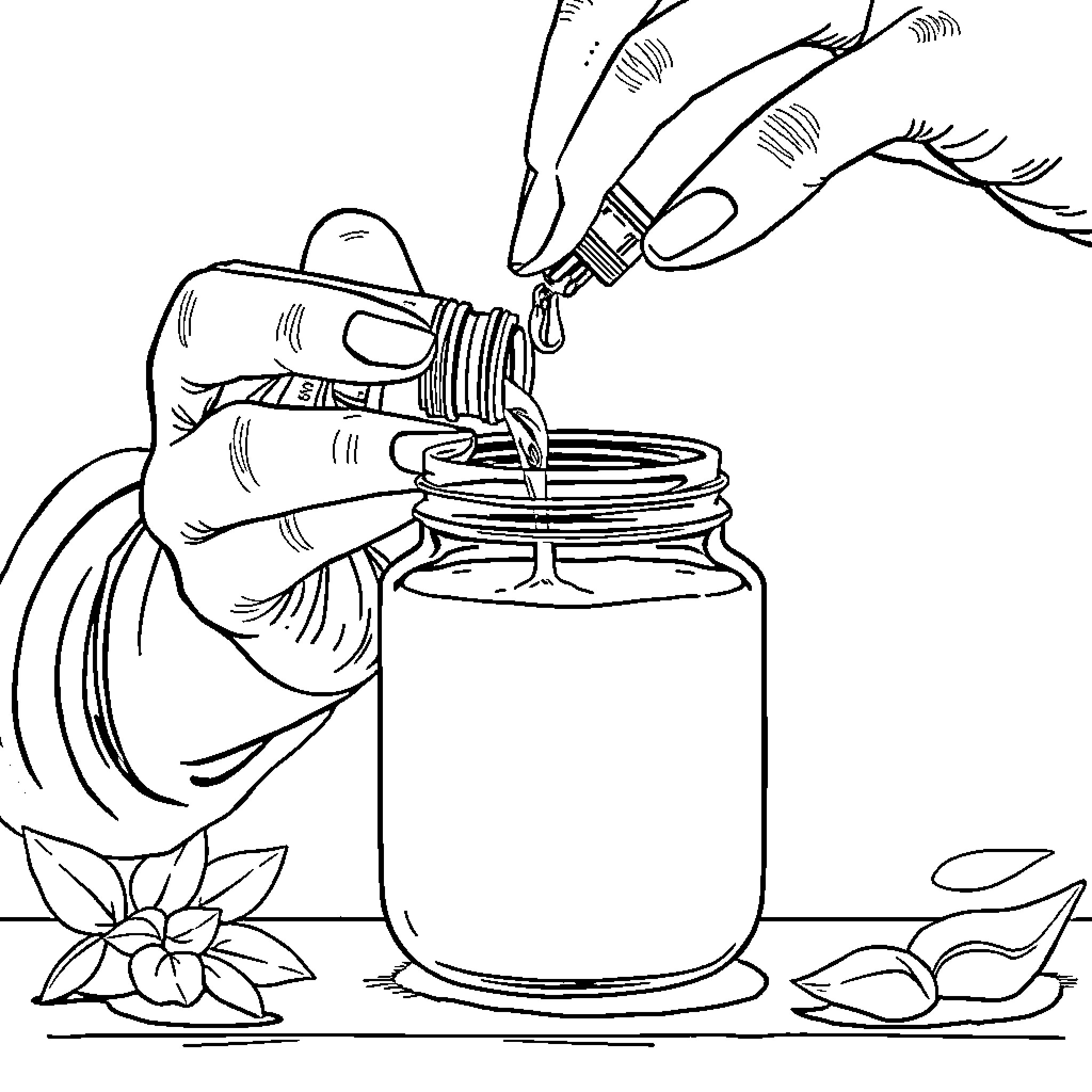 Woman pouring honey into glass jar Coloring Page (free black-and-white line drawing printable PDF for all, from beginners to advanced learners, including children, teens, adults, and seniors)