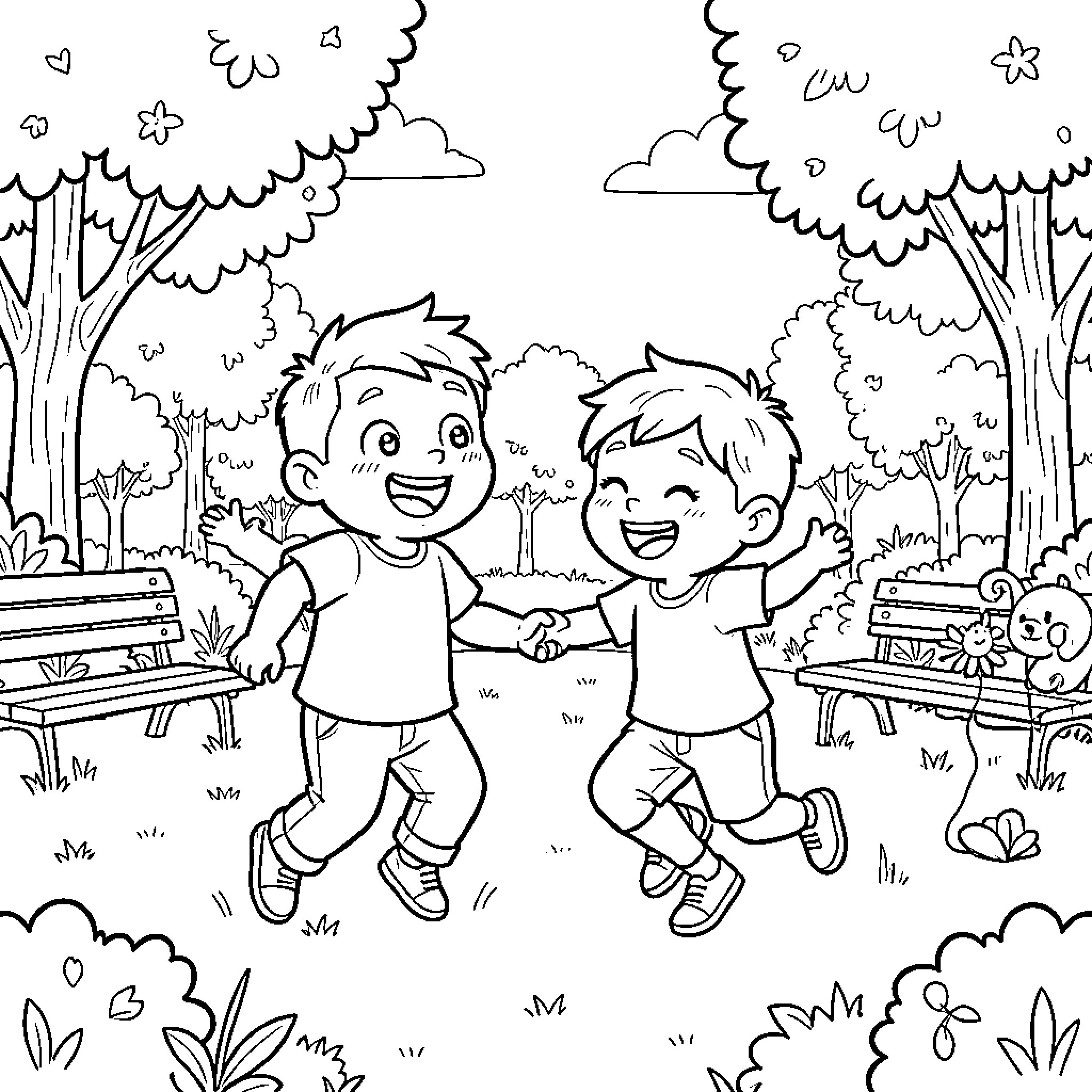 Toby's Playful Adventure in the Park Coloring Page (free black-and-white line drawing printable PDF for all, from beginners to advanced learners, including children, teens, adults, and seniors)