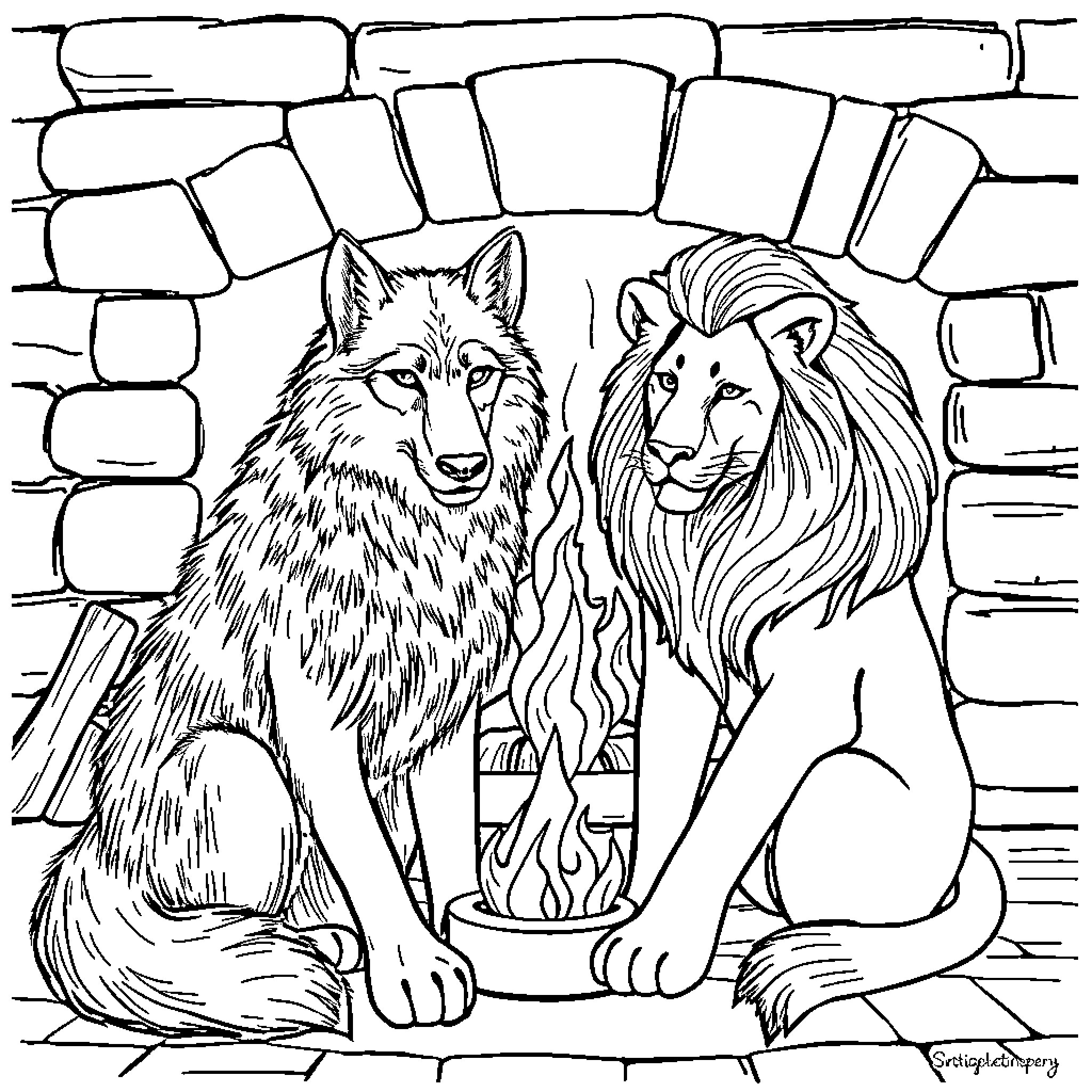 Wolf and Lion in Stone Enclosure Coloring Page (free black-and-white line drawing printable PDF for all, from beginners to advanced learners, including children, teens, adults, and seniors)