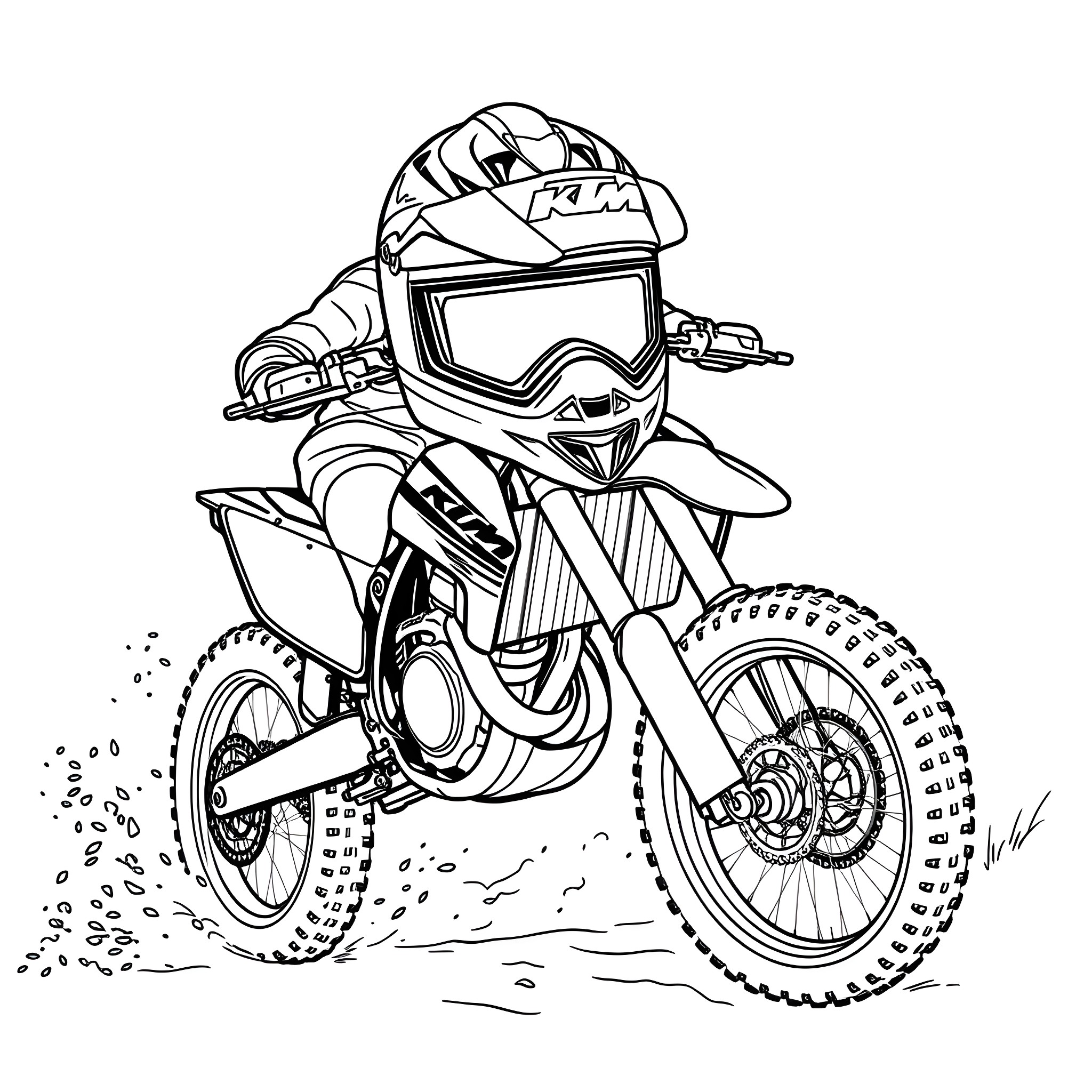 Helmet-wearing Dirt Bike Rider in Action Coloring Page (free black-and-white line drawing printable PDF for all, from beginners to advanced learners, including children, teens, adults, and seniors)