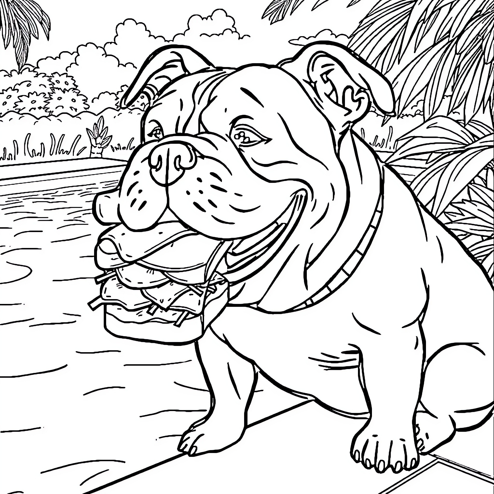 Bulldog enjoying a tasty treat on the beach Coloring Page (free black-and-white line drawing printable PDF for all, from beginners to advanced learners, including children, teens, adults, and seniors)