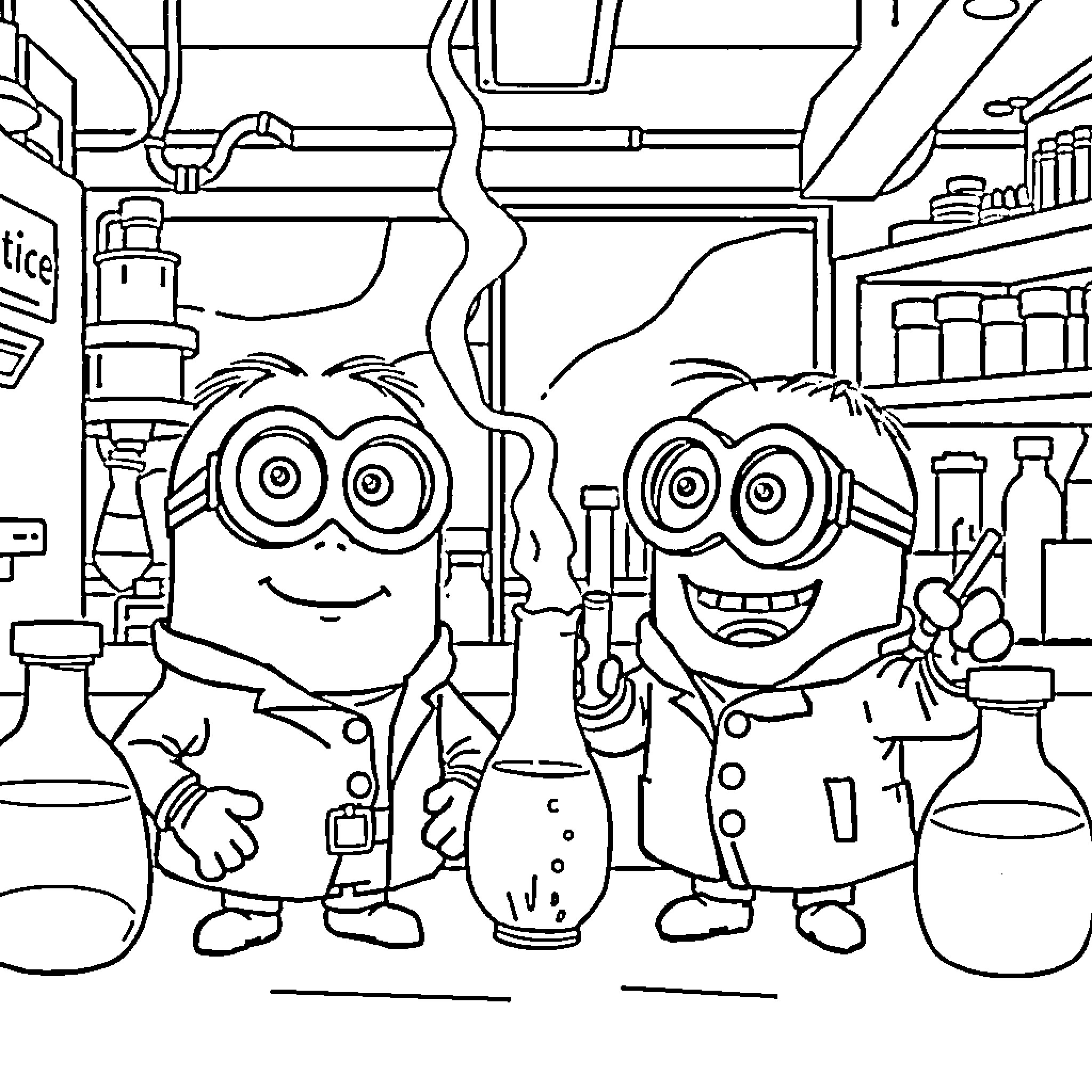 Minions working happily in a science laboratory Coloring Page (free black-and-white line drawing printable PDF for all, from beginners to advanced learners, including children, teens, adults, and seniors)