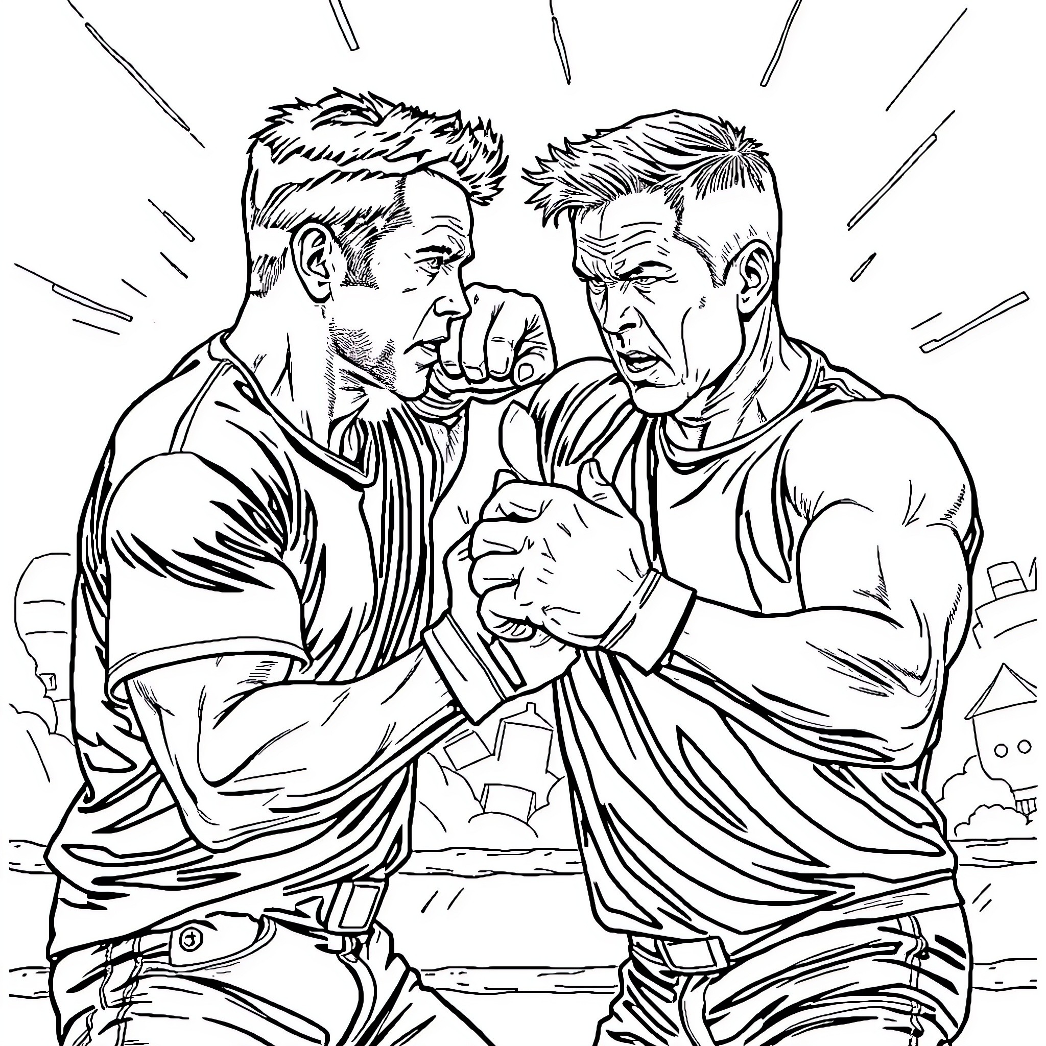 Mark Wahlberg in an intense confrontation with co-star Coloring Page (free black-and-white line drawing printable PDF for all, from beginners to advanced learners, including children, teens, adults, and seniors)