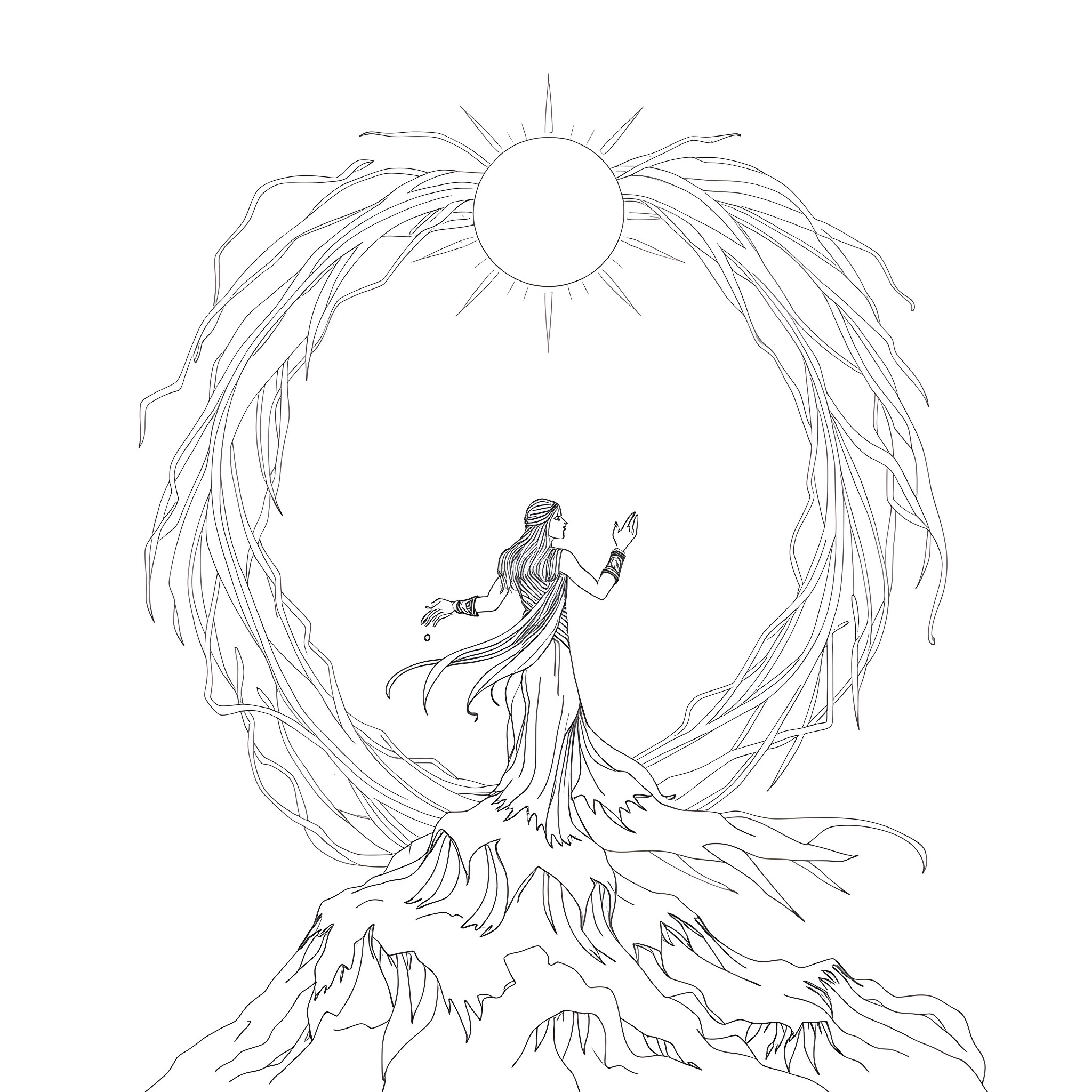 Great Spirit Guiding the Way Coloring Page (free black-and-white line drawing printable PDF for all, from beginners to advanced learners, including children, teens, adults, and seniors)