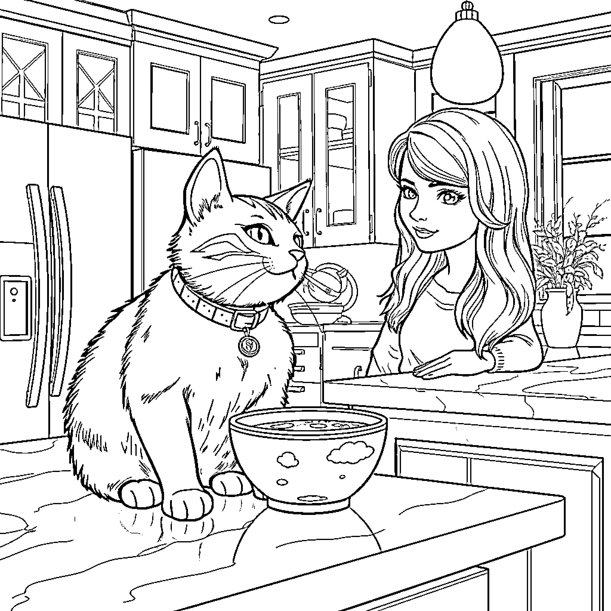 Gato Feeding Time with Young Woman Coloring Page (free black-and-white line drawing printable PDF for all, from beginners to advanced learners, including children, teens, adults, and seniors)