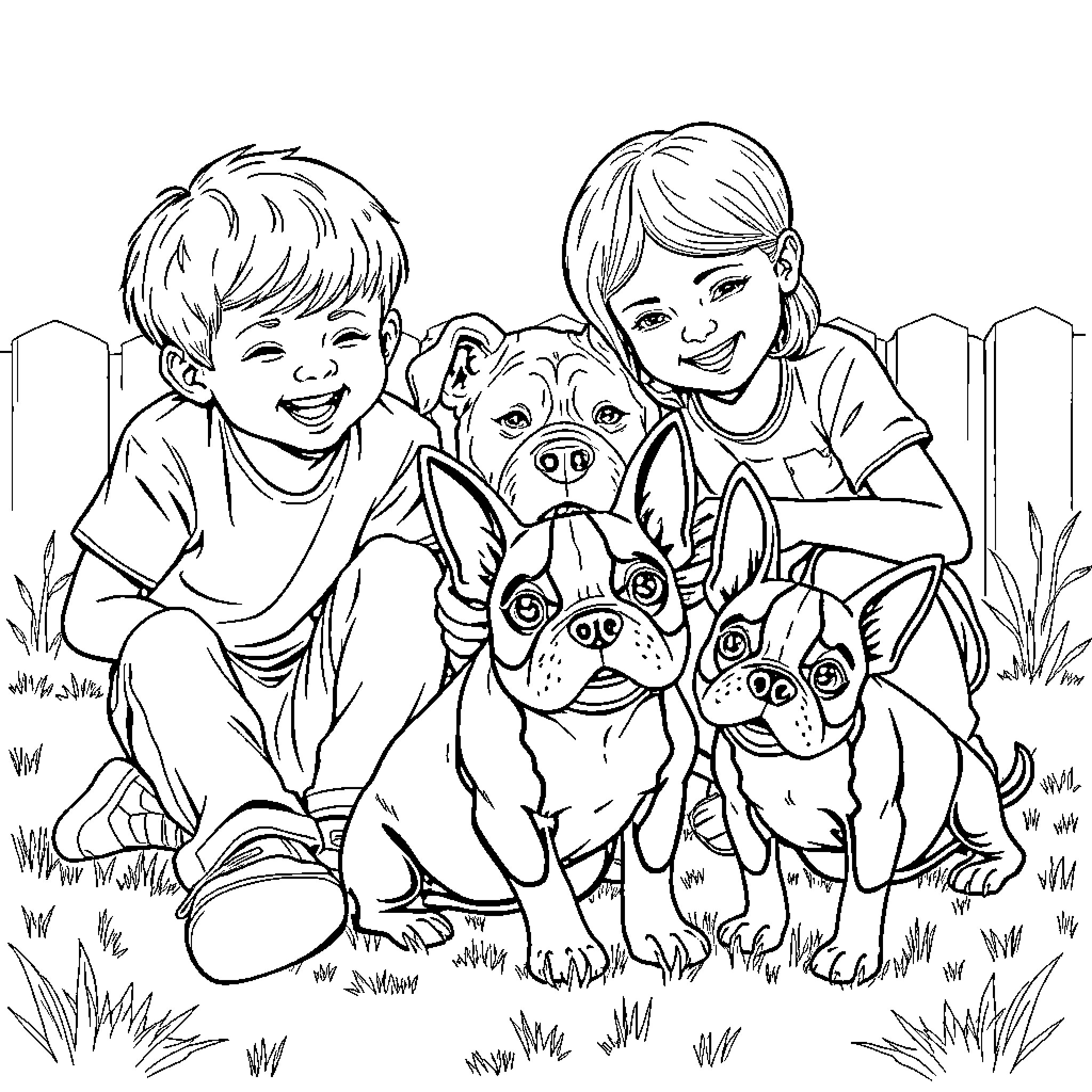 Boston Children Playing with Adorable Puppies in the Backyard Coloring Page (free black-and-white line drawing printable PDF for all, from beginners to advanced learners, including children, teens, adults, and seniors)