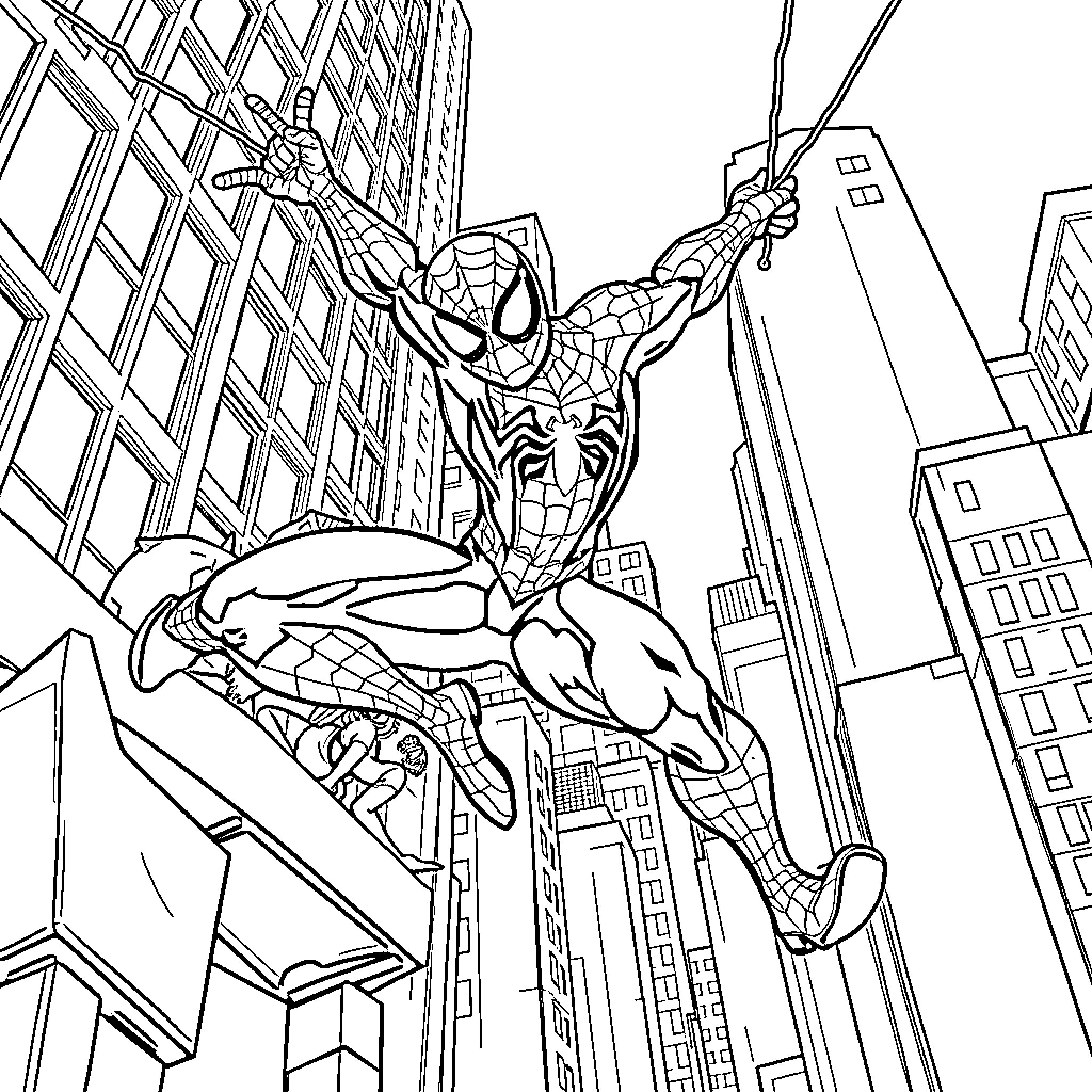 Spider-Man swinging through the city skyline Coloring Page (free black-and-white line drawing printable PDF for all, from beginners to advanced learners, including children, teens, adults, and seniors)