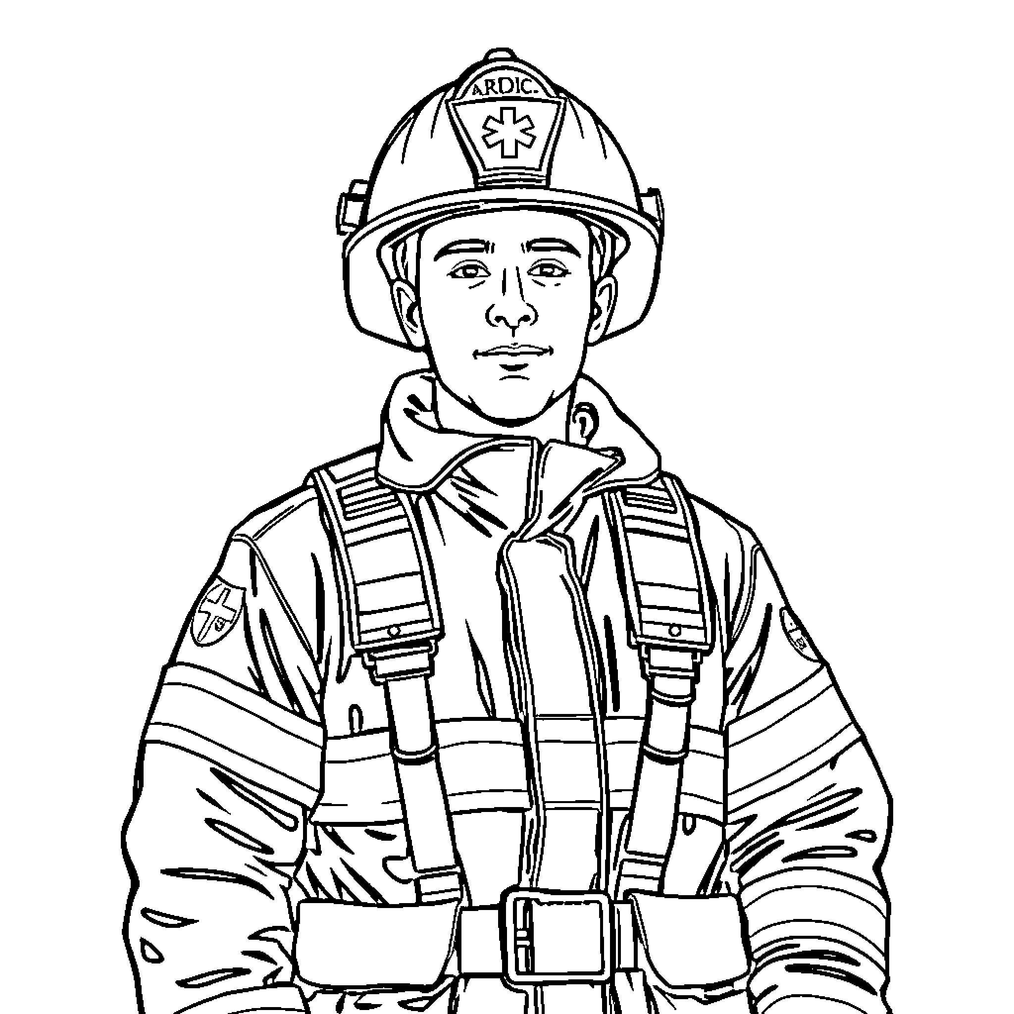 Fireman in Protective Gear and Equipment Coloring Page (free black-and-white line drawing printable PDF for all, from beginners to advanced learners, including children, teens, adults, and seniors)