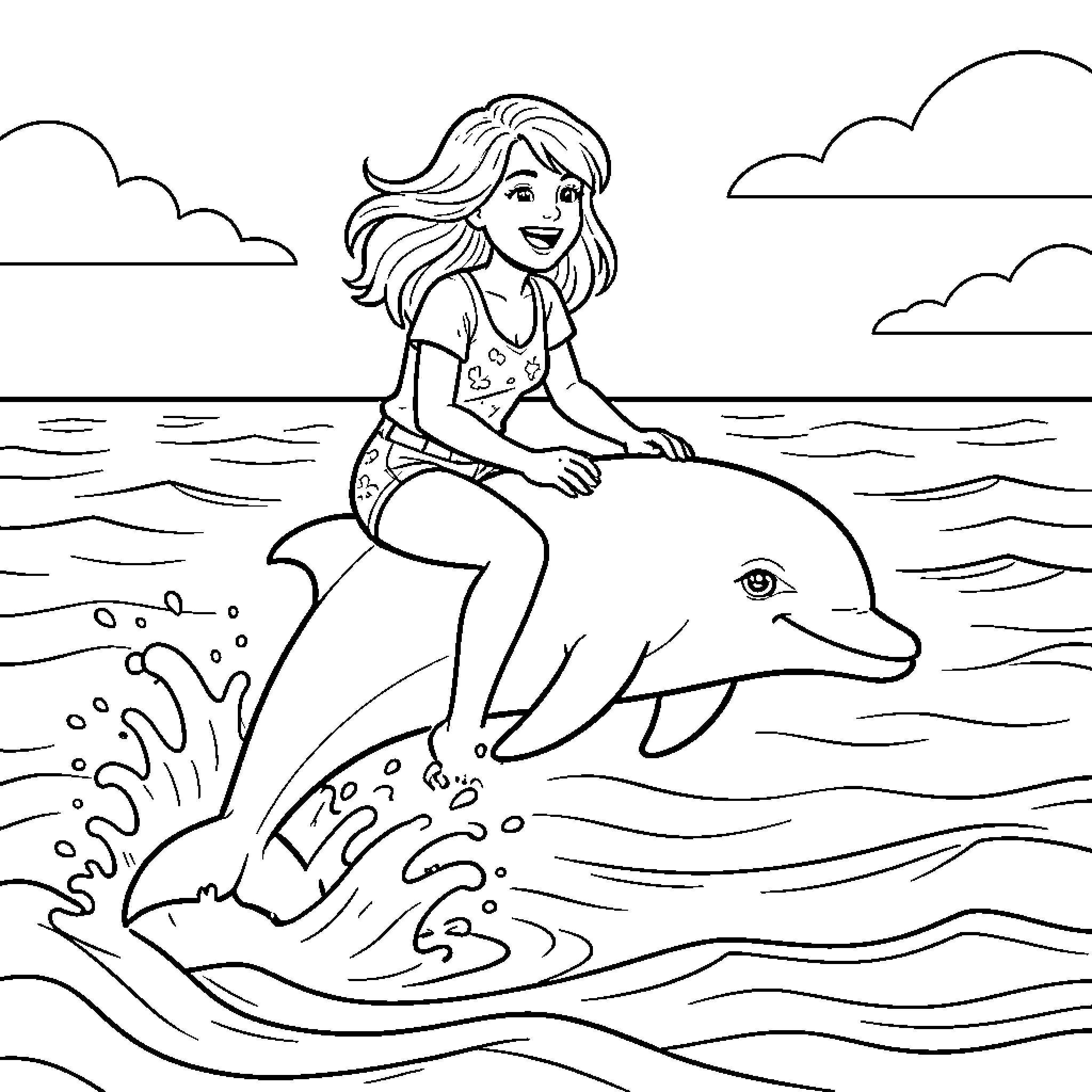 Taylor Swift riding a dolphin through ocean waves Coloring Page (free black-and-white line drawing printable PDF for all, from beginners to advanced learners, including children, teens, adults, and seniors)