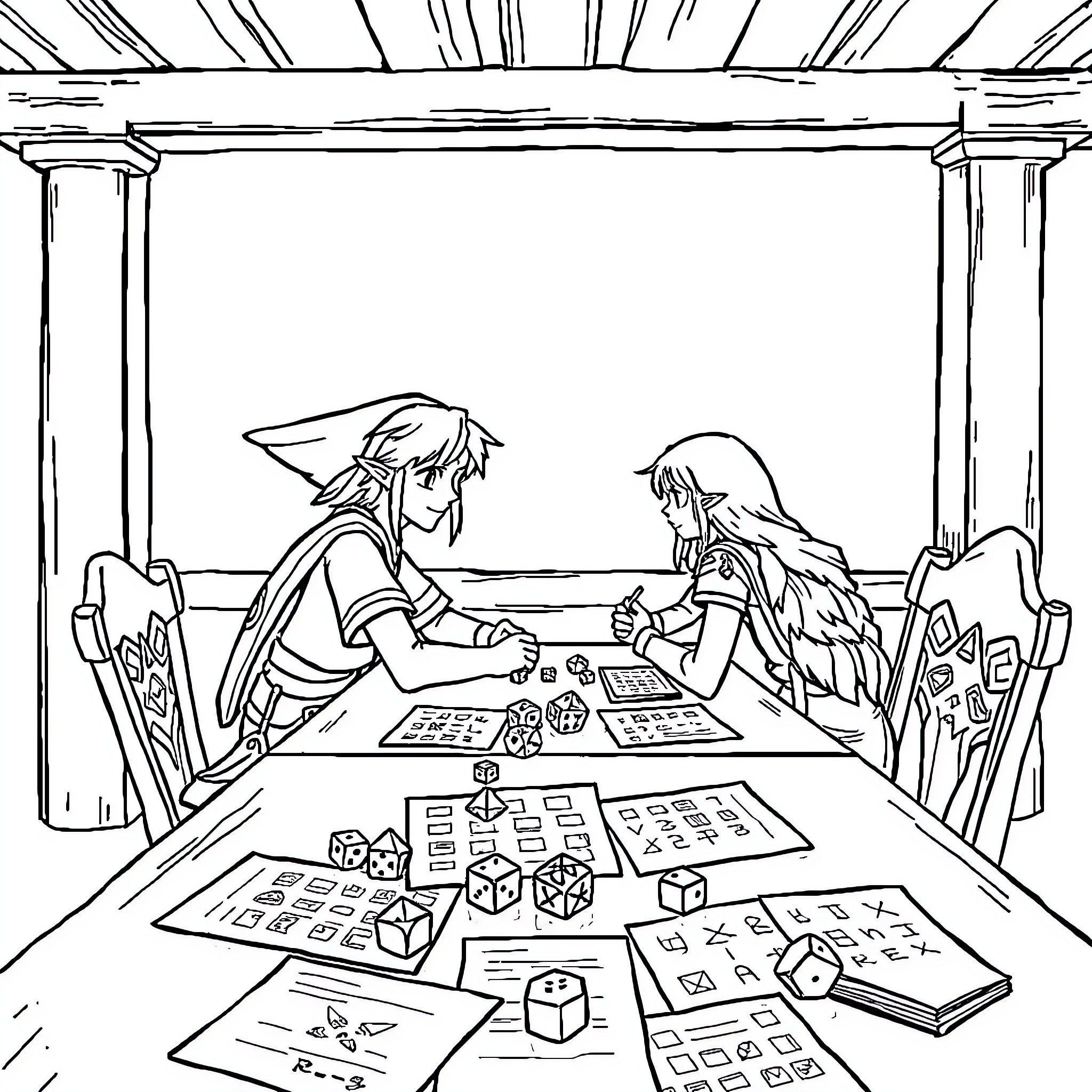 Link playing board game with female companion Coloring Page (free black-and-white line drawing printable PDF for all, from beginners to advanced learners, including children, teens, adults, and seniors)