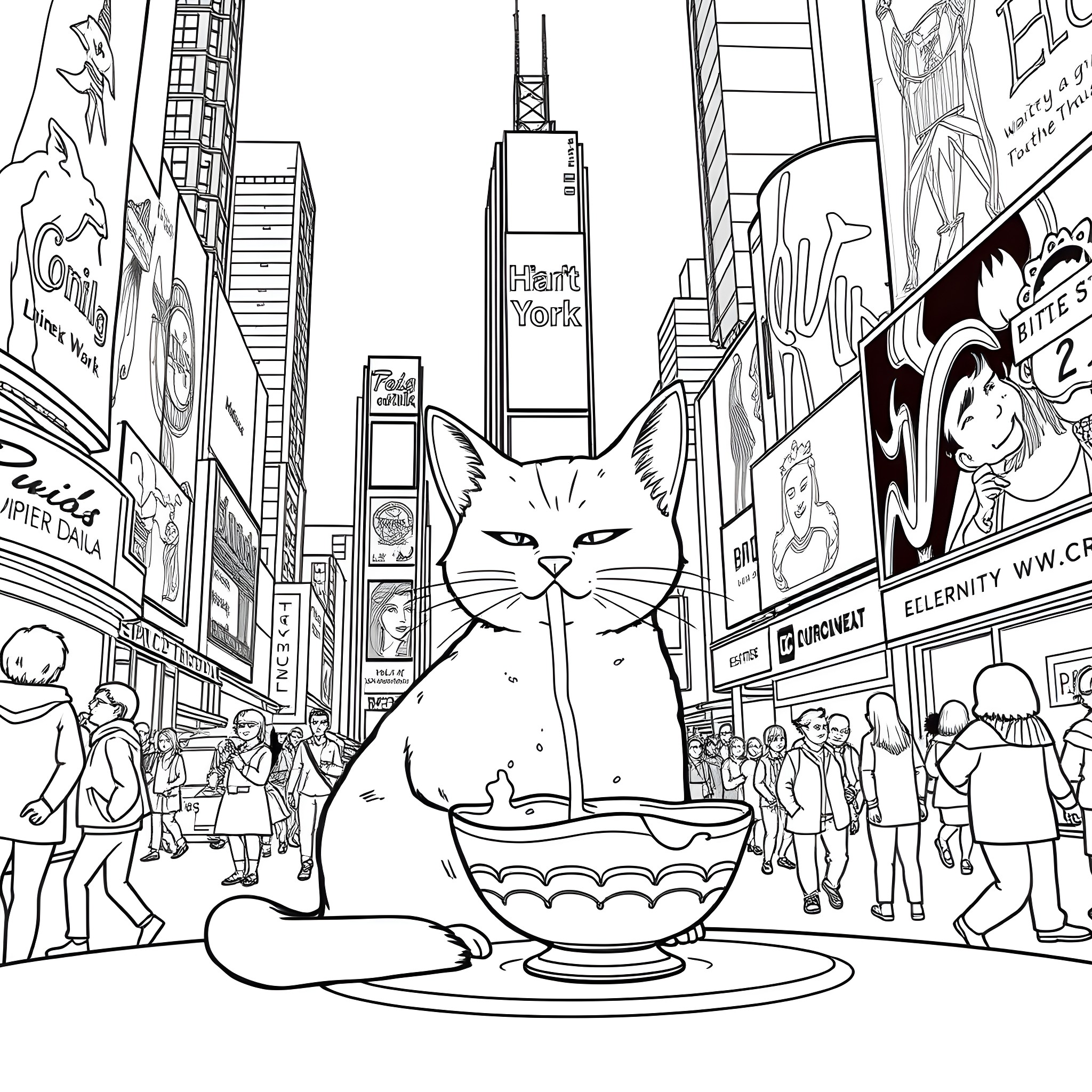 Cat in Times Square enjoying coffee Coloring Page (free black-and-white line drawing printable PDF for all, from beginners to advanced learners, including children, teens, adults, and seniors)