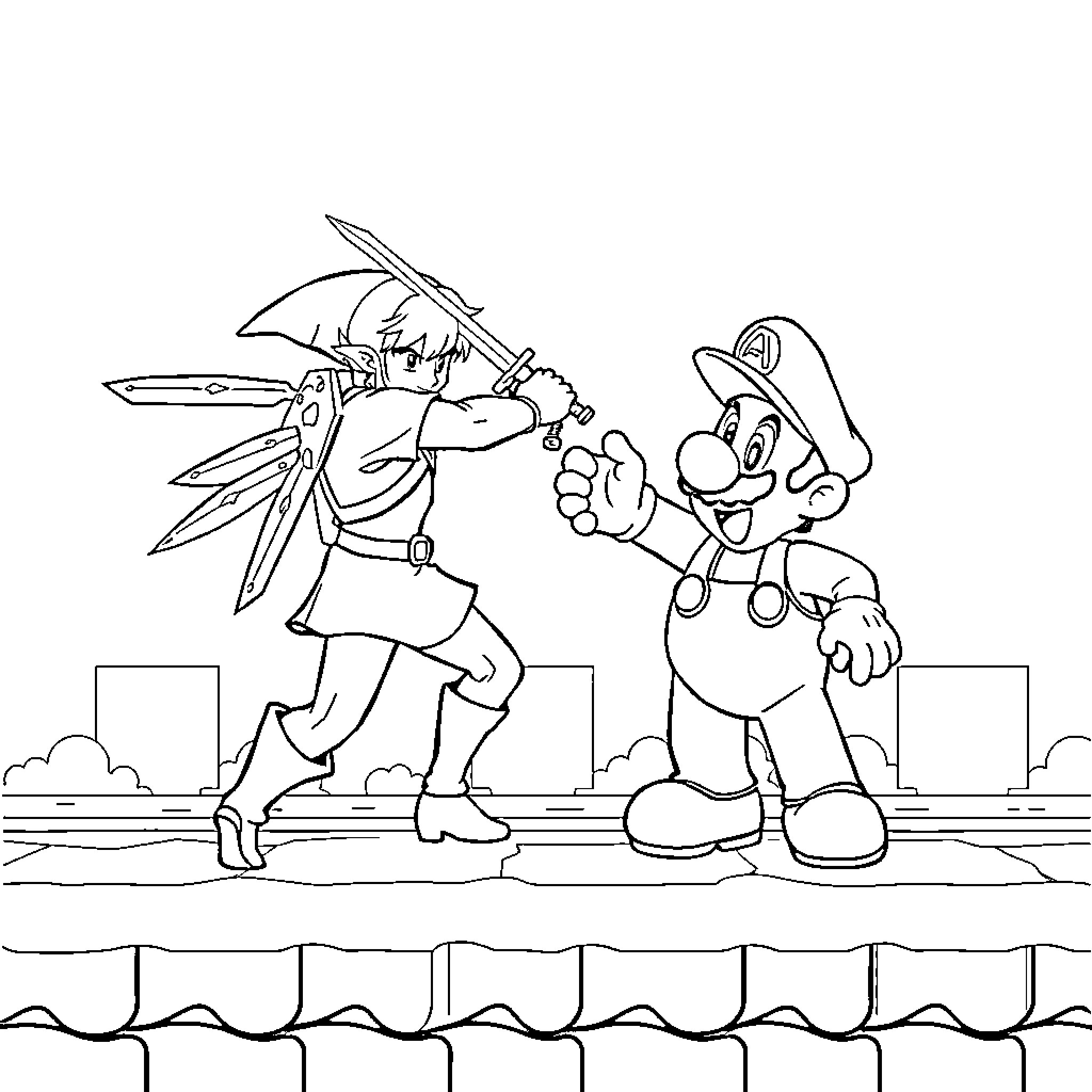 Link and Mario in Animated Adventure Coloring Page (free black-and-white line drawing printable PDF for all, from beginners to advanced learners, including children, teens, adults, and seniors)