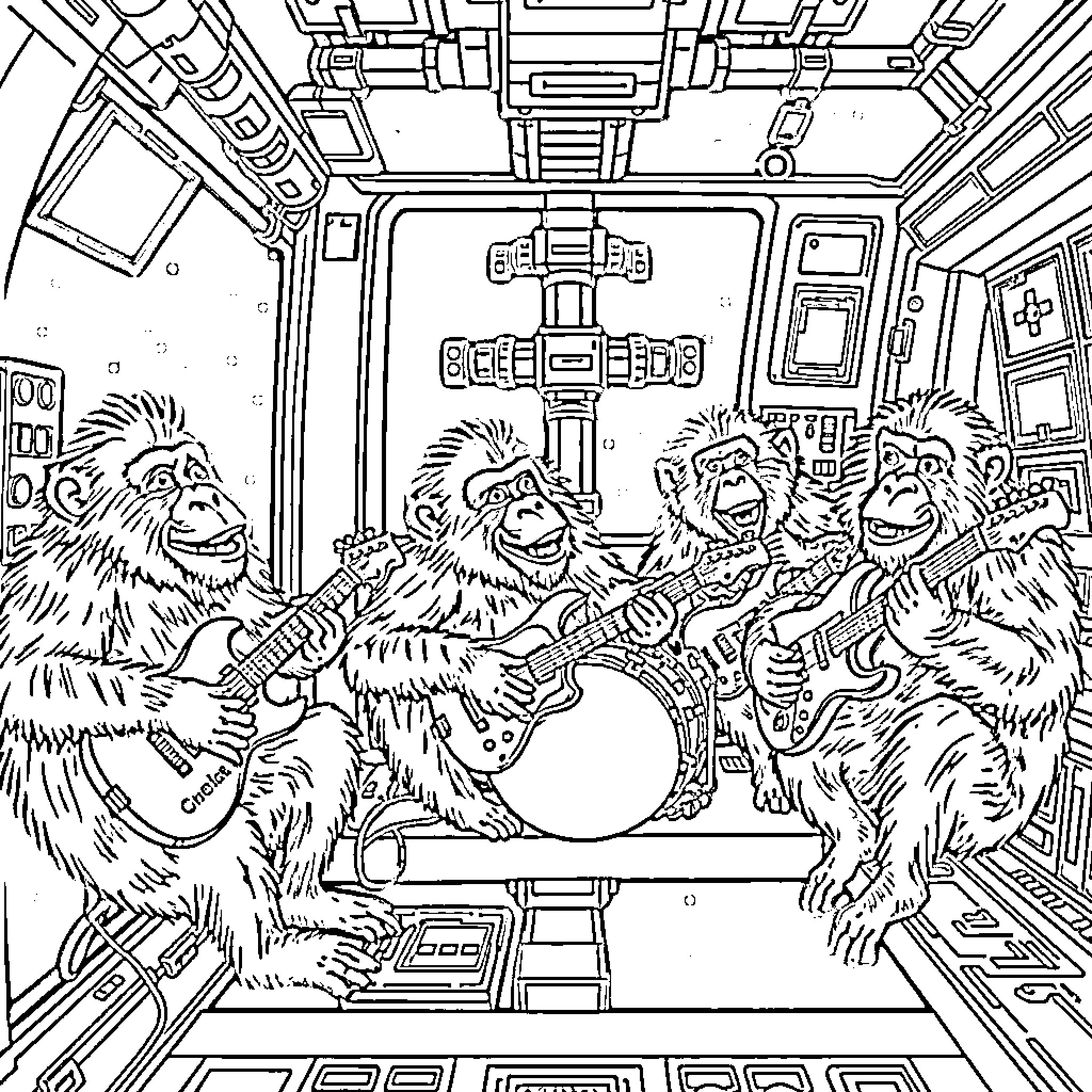 Baboon Rock Band Playing Instruments on Futuristic Stage Coloring Page (free black-and-white line drawing printable PDF for all, from beginners to advanced learners, including children, teens, adults, and seniors)
