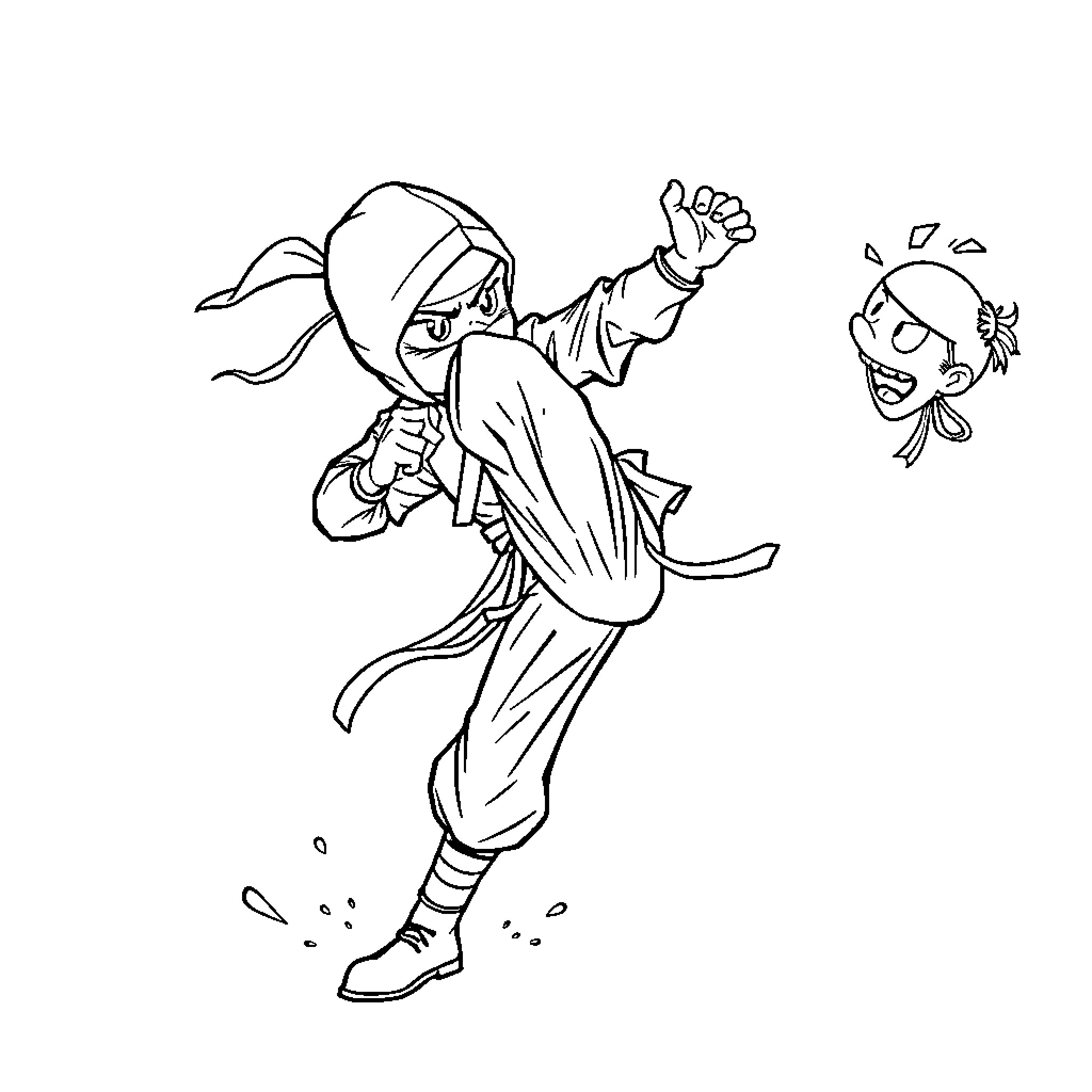 Ninja warriors in intense combat Coloring Page (free black-and-white line drawing printable PDF for all, from beginners to advanced learners, including children, teens, adults, and seniors)