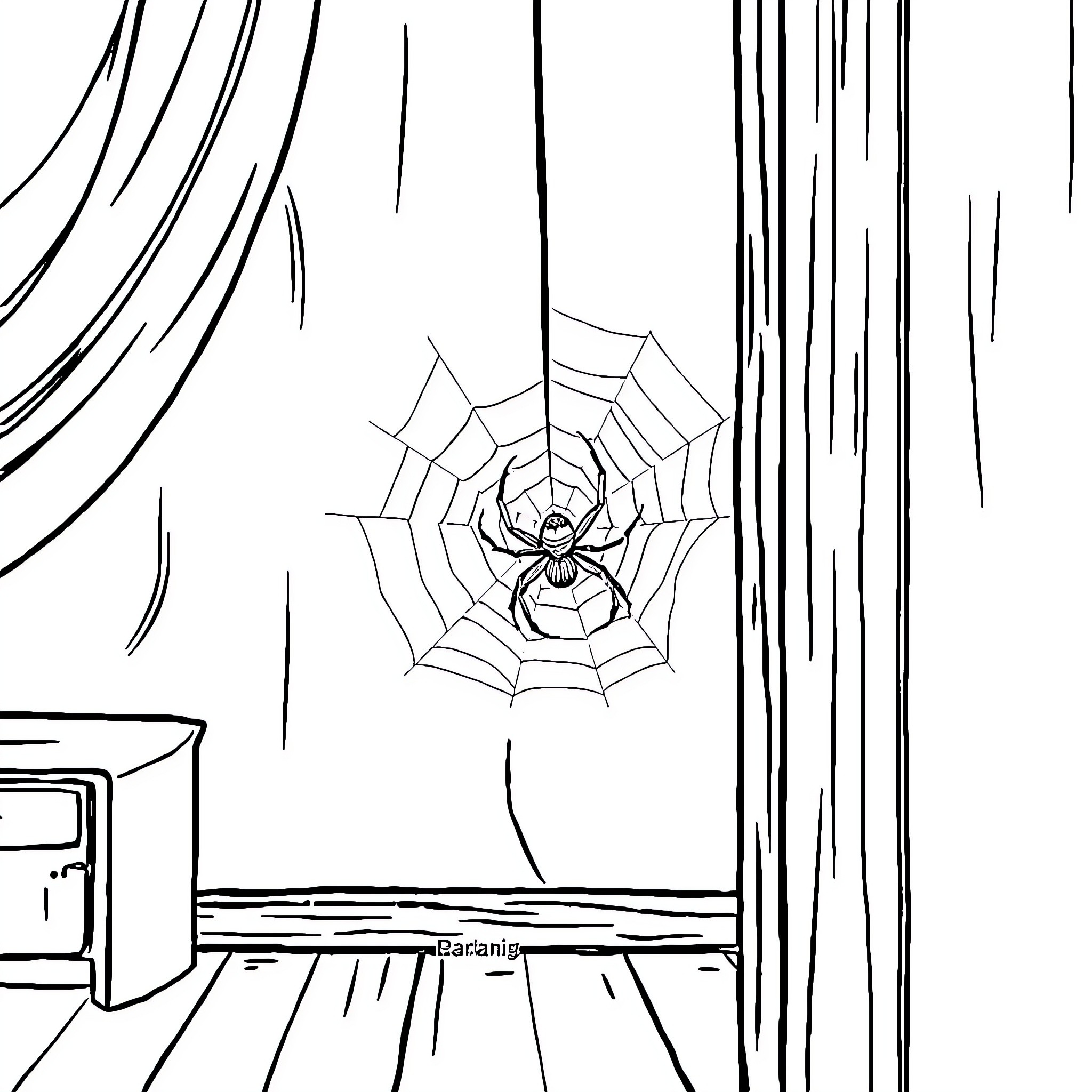Spider weaving intricate web in creepy scene Coloring Page (free black-and-white line drawing printable PDF for all, from beginners to advanced learners, including children, teens, adults, and seniors)
