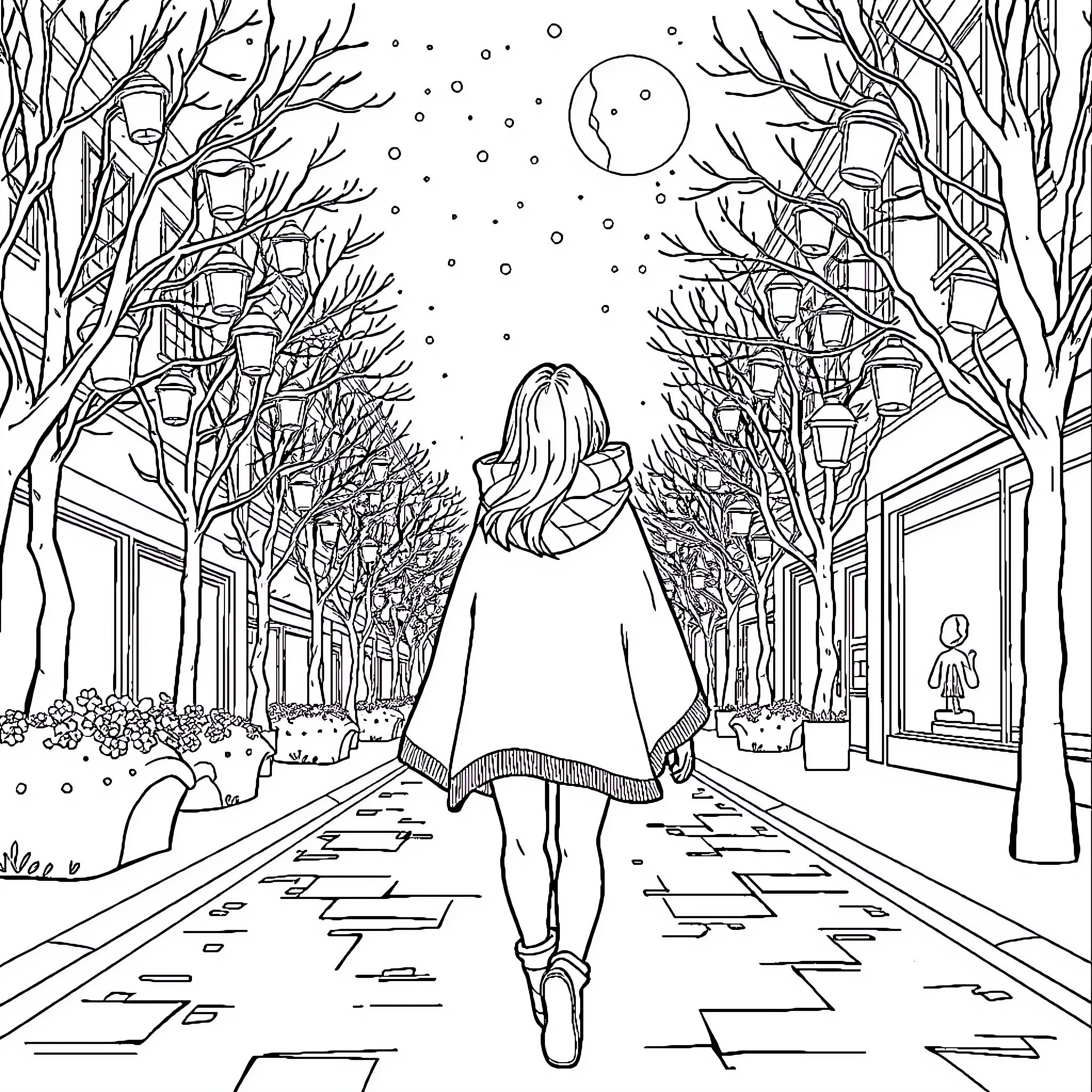 Student walking down a snowy street in winter Coloring Page (free black-and-white line drawing printable PDF for all, from beginners to advanced learners, including children, teens, adults, and seniors)