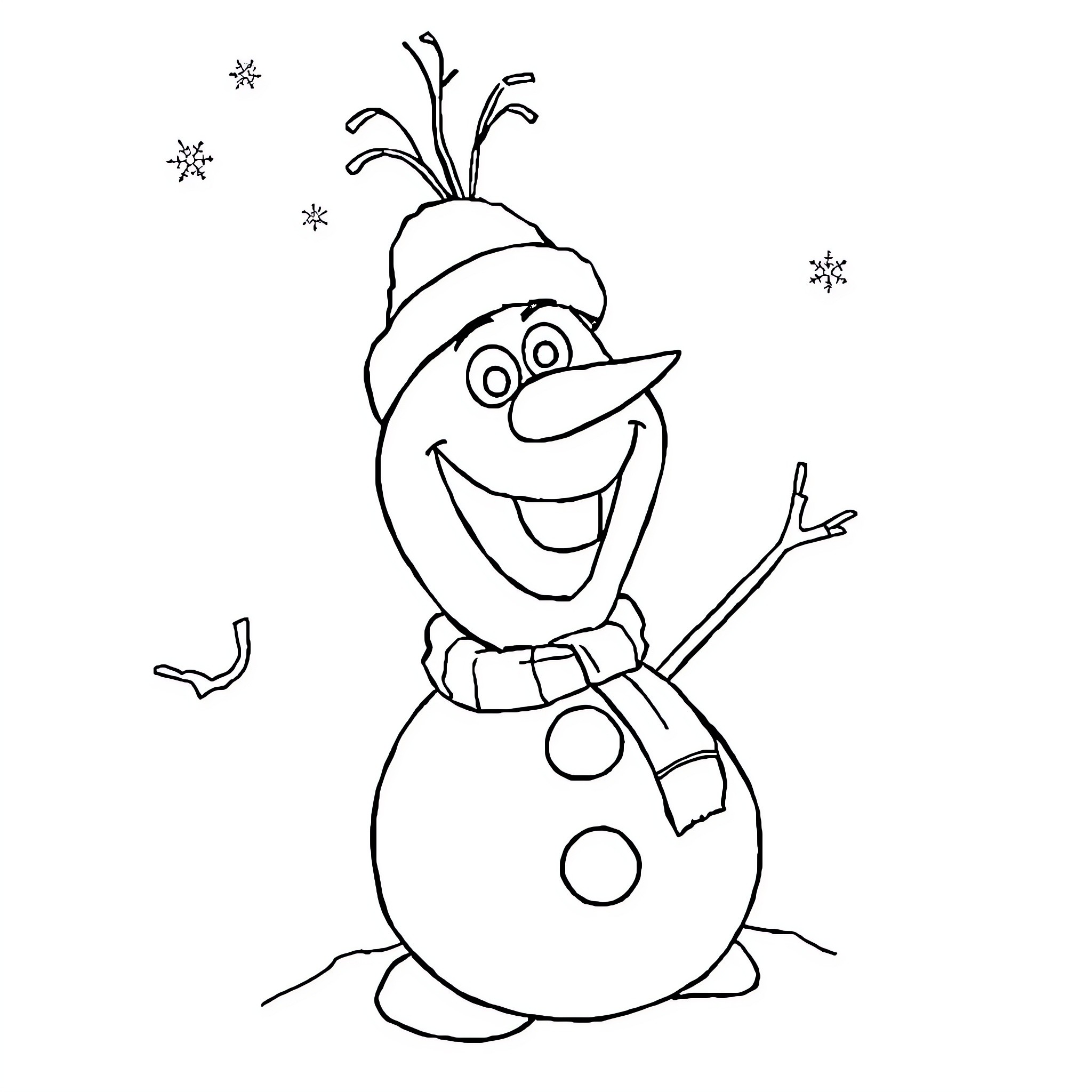 Olaf the Snowman Waving Happily Coloring Page (free black-and-white line drawing printable PDF for all, from beginners to advanced learners, including children, teens, adults, and seniors)