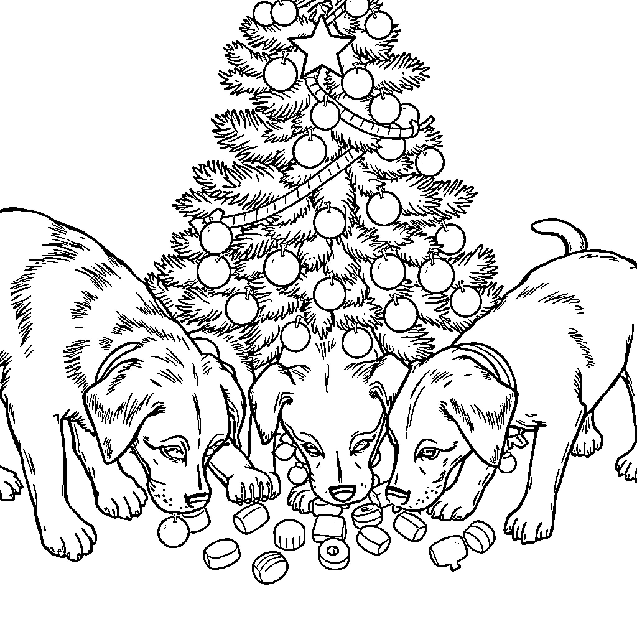 Dogs enjoying treats under decorated Christmas tree Coloring Page (free black-and-white line drawing printable PDF for all, from beginners to advanced learners, including children, teens, adults, and seniors)