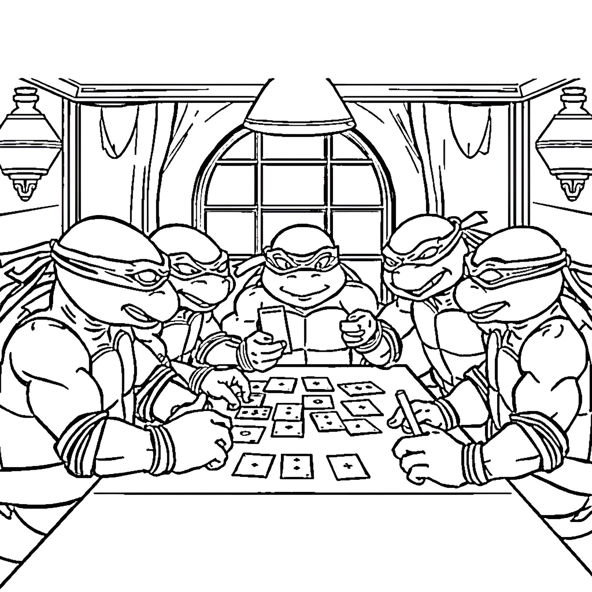 Ninja Turtles playing board games in their hideout Coloring Page (free black-and-white line drawing printable PDF for all, from beginners to advanced learners, including children, teens, adults, and seniors)