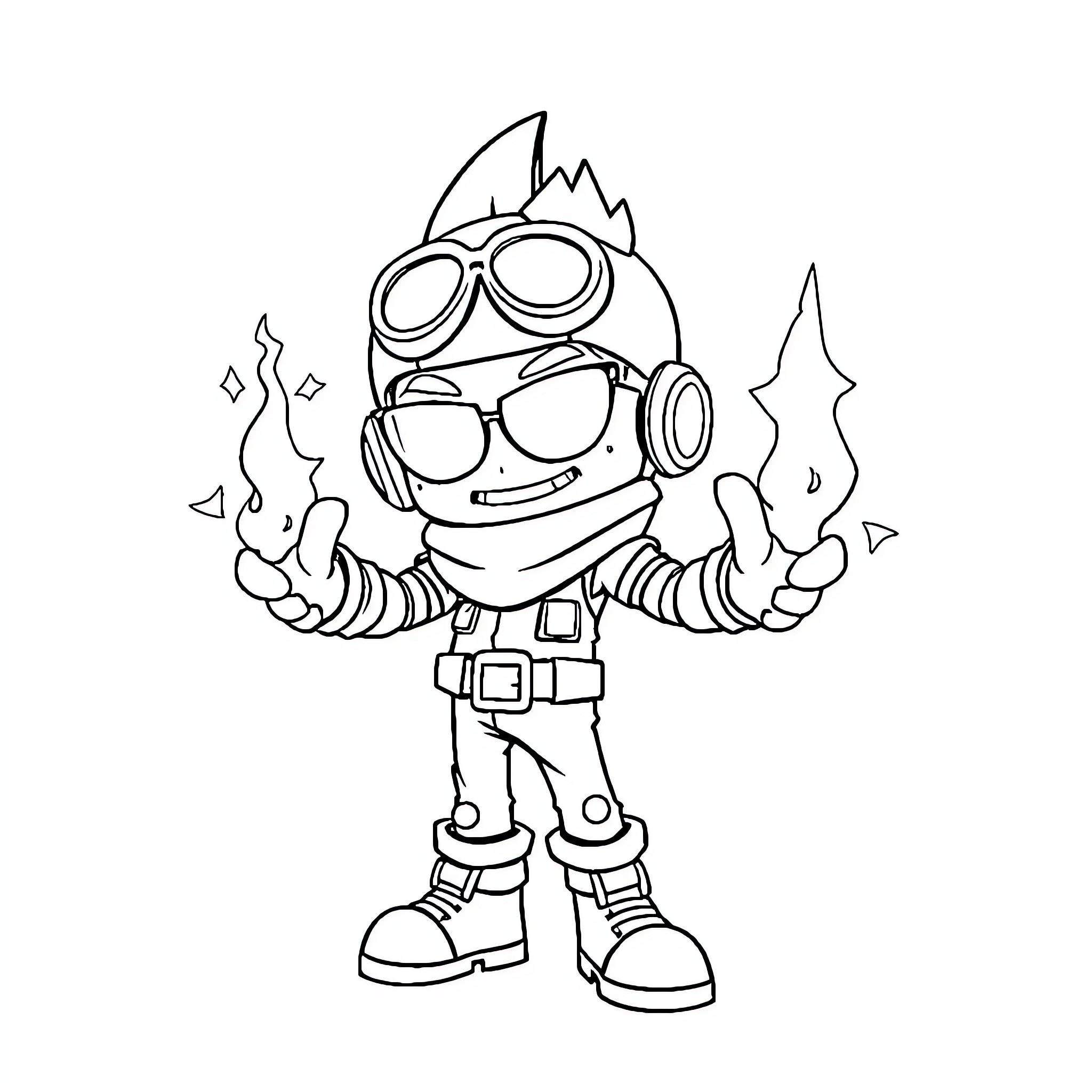 Brawl Stars: Excited Warrior with Goggles Coloring Page (free black-and-white line drawing printable PDF for all, from beginners to advanced learners, including children, teens, adults, and seniors)