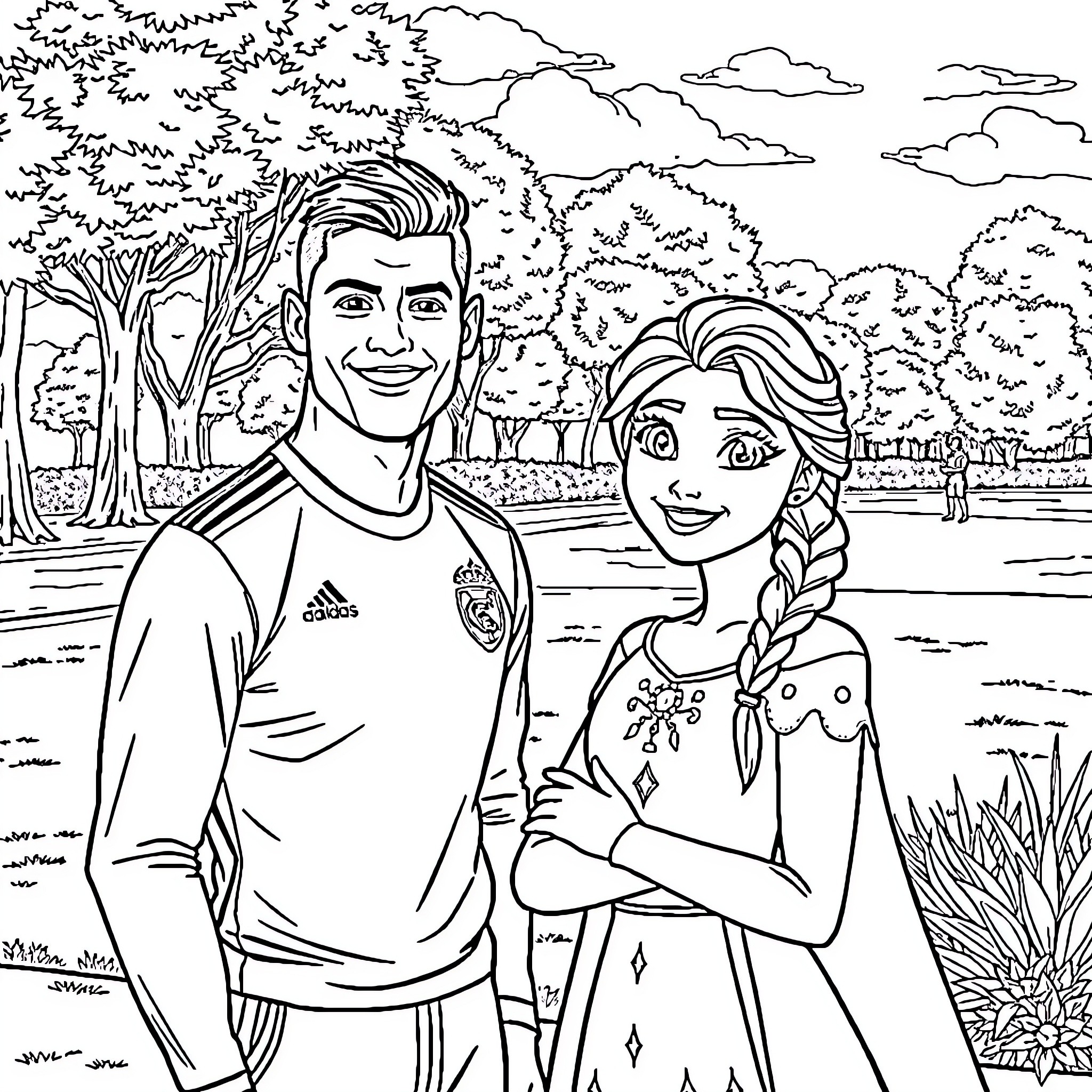 Anna and her friend explore the enchanting outdoor scene Coloring Page (free black-and-white line drawing printable PDF for all, from beginners to advanced learners, including children, teens, adults, and seniors)