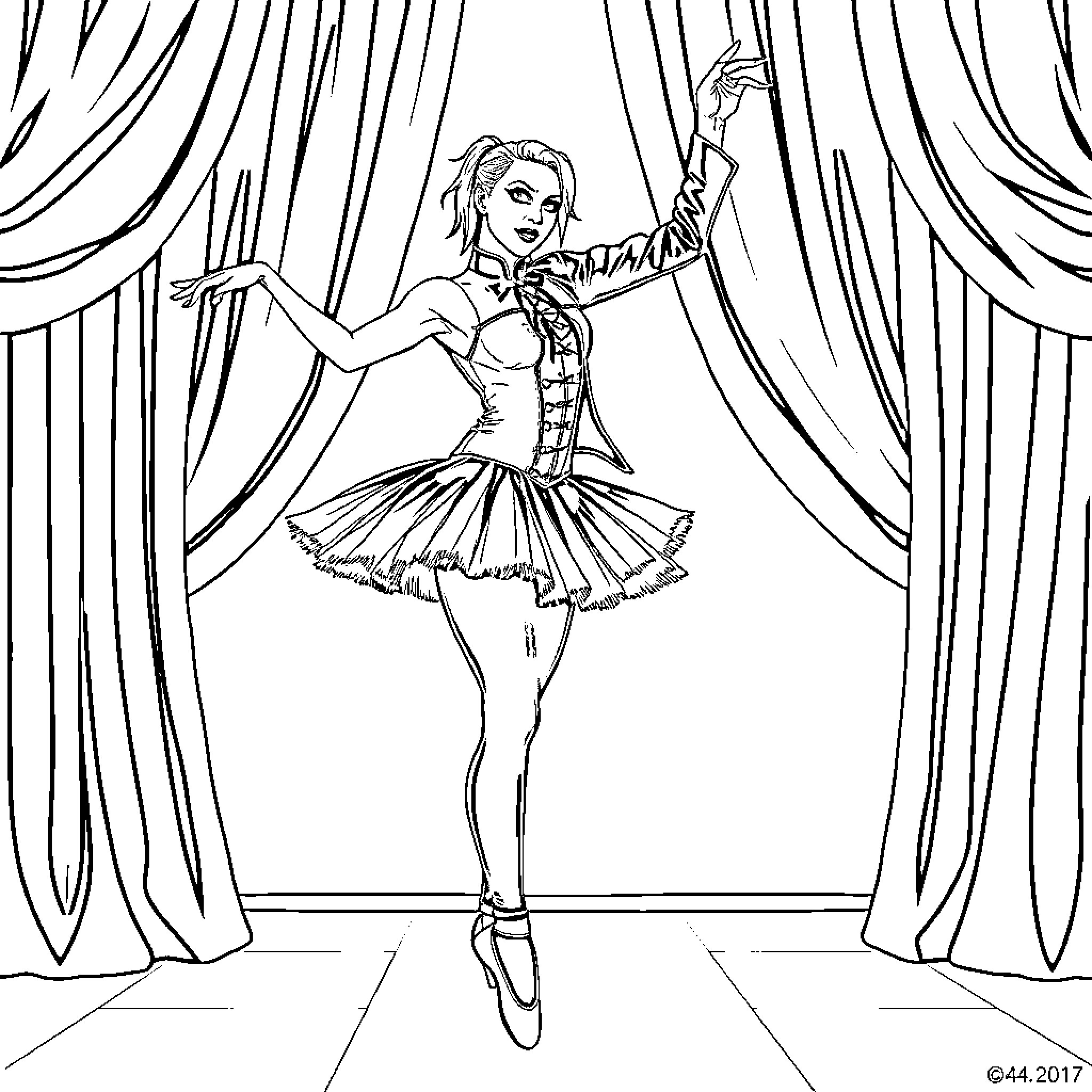 Marilyn Manson performing ballet on stage Coloring Page (free black-and-white line drawing printable PDF for all, from beginners to advanced learners, including children, teens, adults, and seniors)