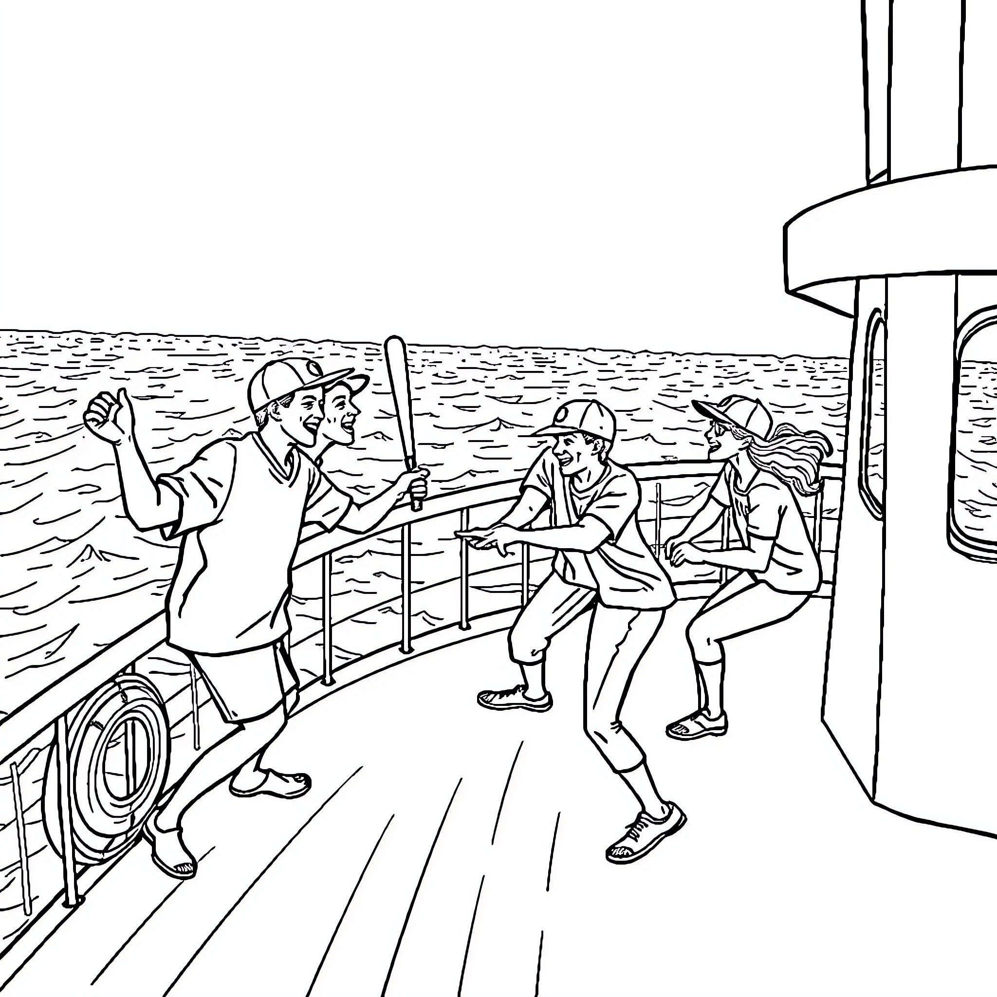 Baseball Players Celebrating on a Dock Coloring Page (free black-and-white line drawing printable PDF for all, from beginners to advanced learners, including children, teens, adults, and seniors)