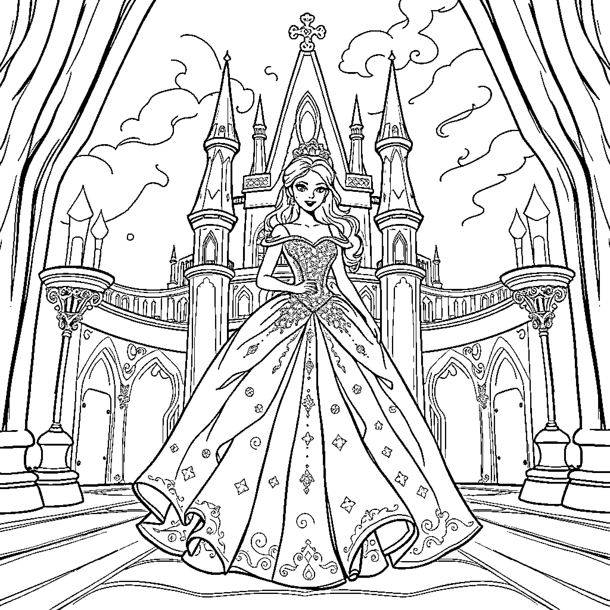 Princess in a Magnificent Castle Coloring Page (free black-and-white line drawing printable PDF for all, from beginners to advanced learners, including children, teens, adults, and seniors)