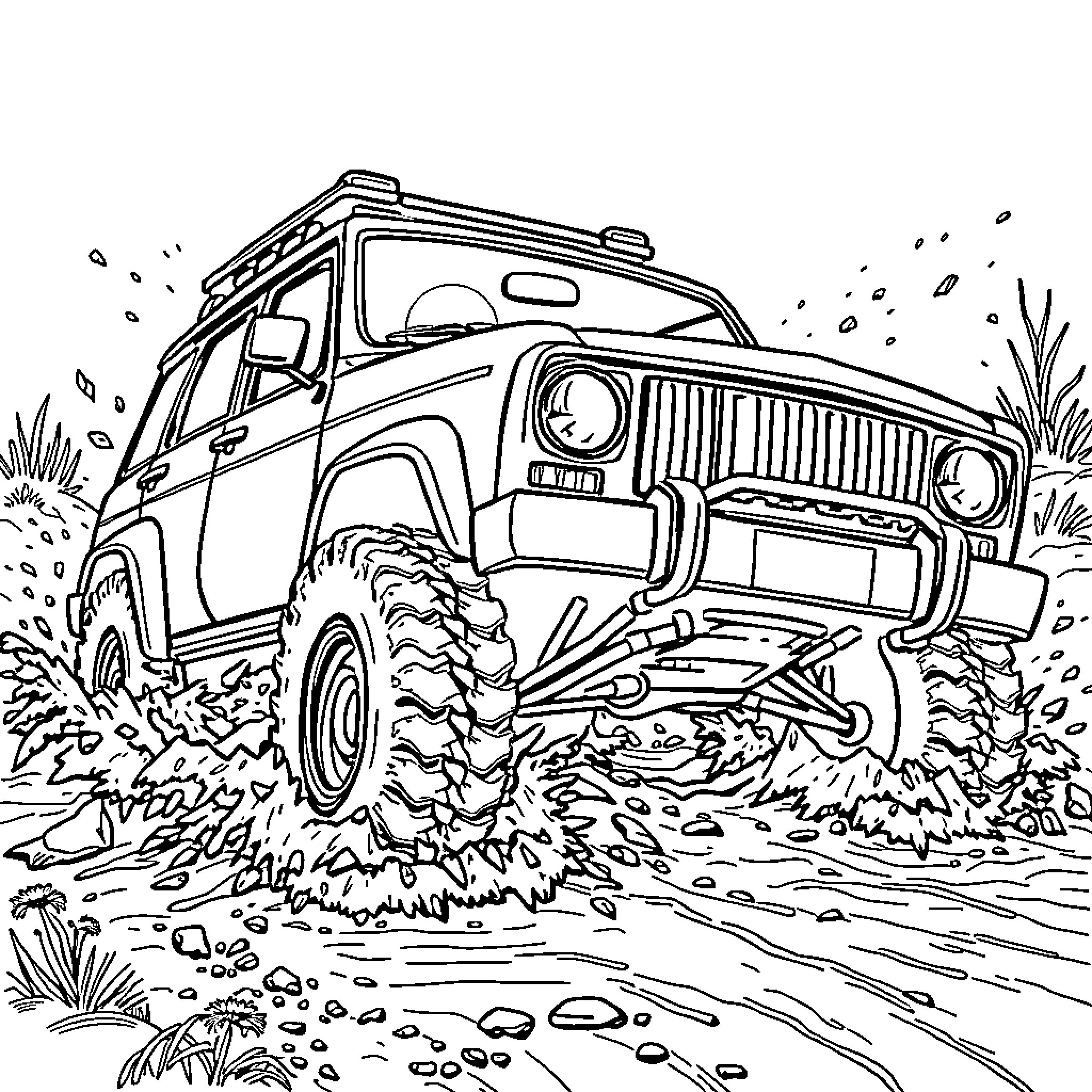 Car off-roading through the wilderness Coloring Page (free black-and-white line drawing printable PDF for all, from beginners to advanced learners, including children, teens, adults, and seniors)