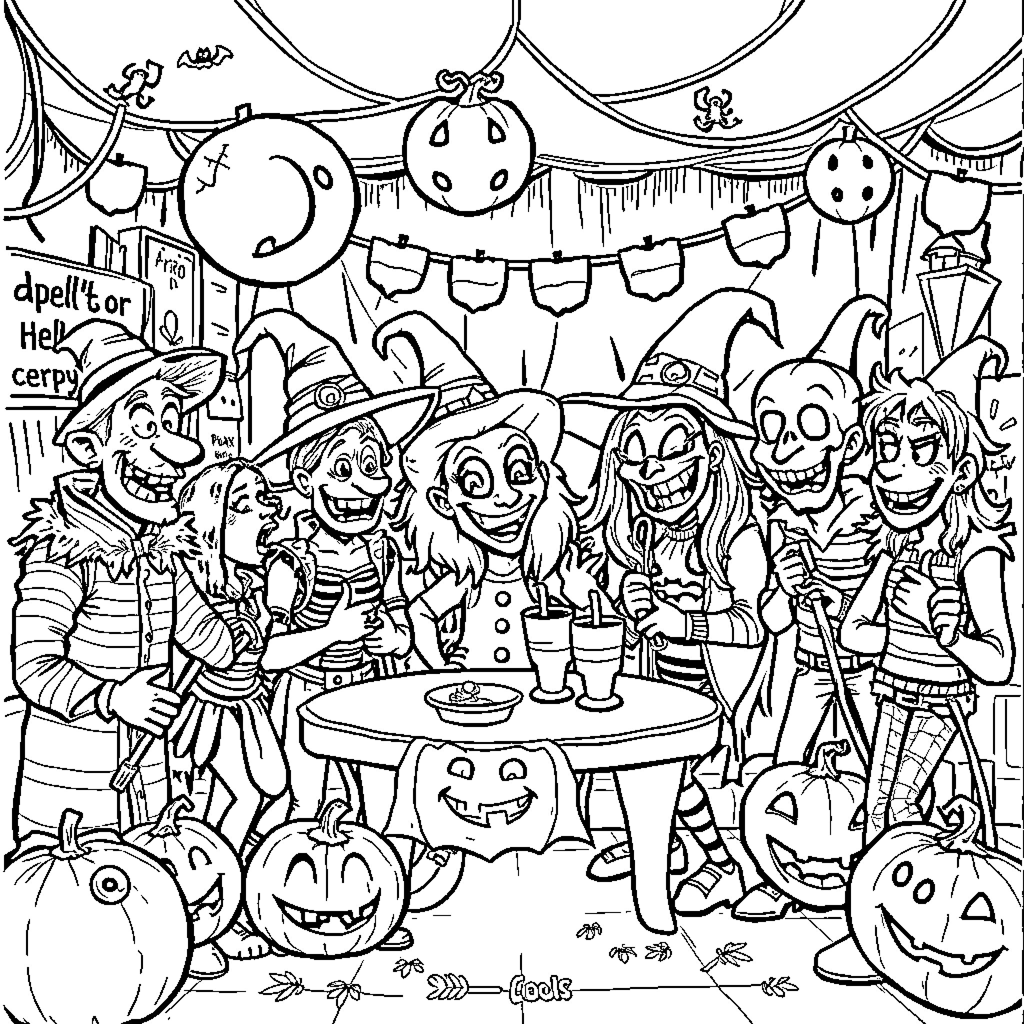 Goofy Halloween Costume Party with Lively Characters Coloring Page (free black-and-white line drawing printable PDF for all, from beginners to advanced learners, including children, teens, adults, and seniors)