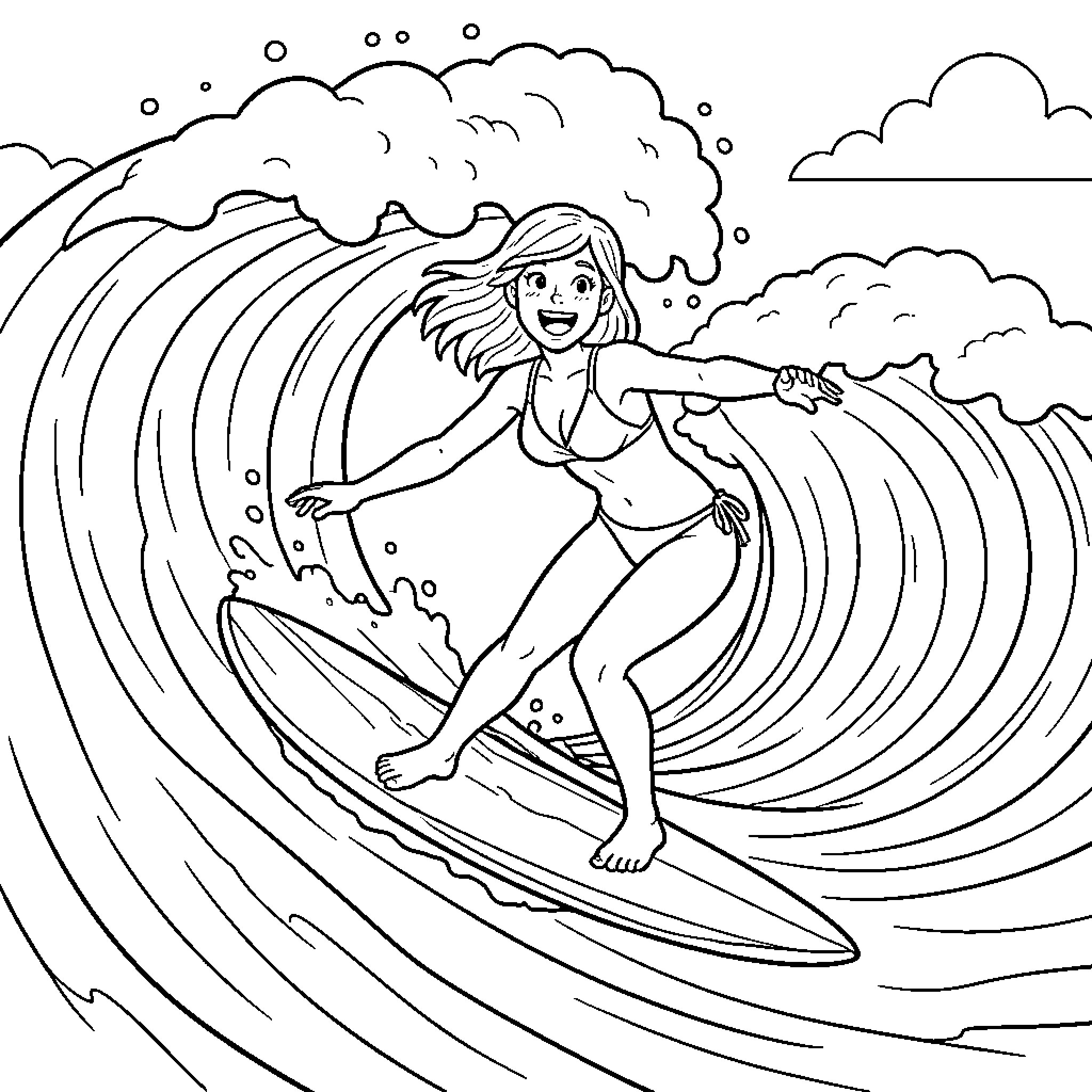 Surfing Girl riding a large ocean wave happily Coloring Page (free black-and-white line drawing printable PDF for all, from beginners to advanced learners, including children, teens, adults, and seniors)