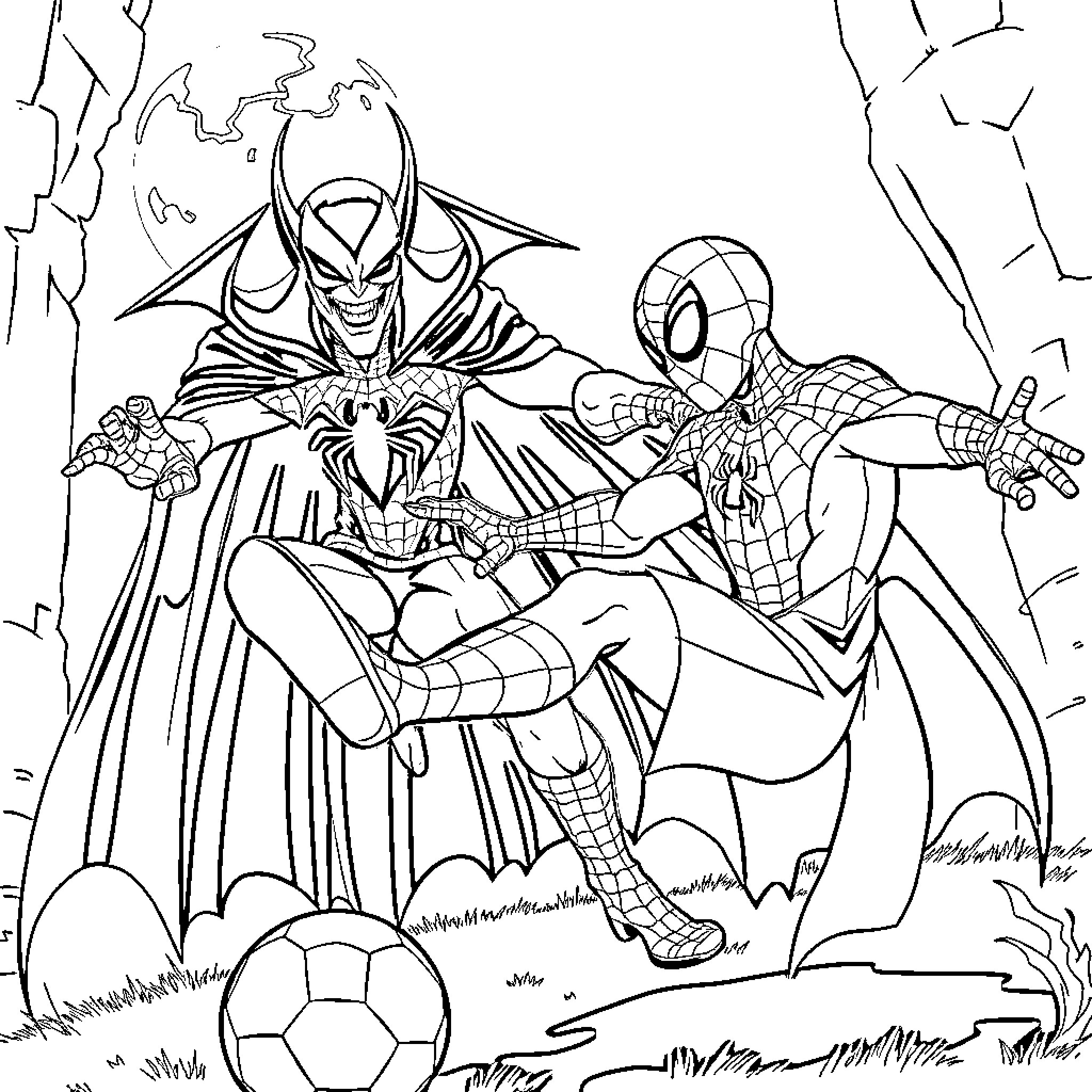 Spiderman battles against a villainous foe in an action-packed scene Coloring Page (free black-and-white line drawing printable PDF for all, from beginners to advanced learners, including children, teens, adults, and seniors)
