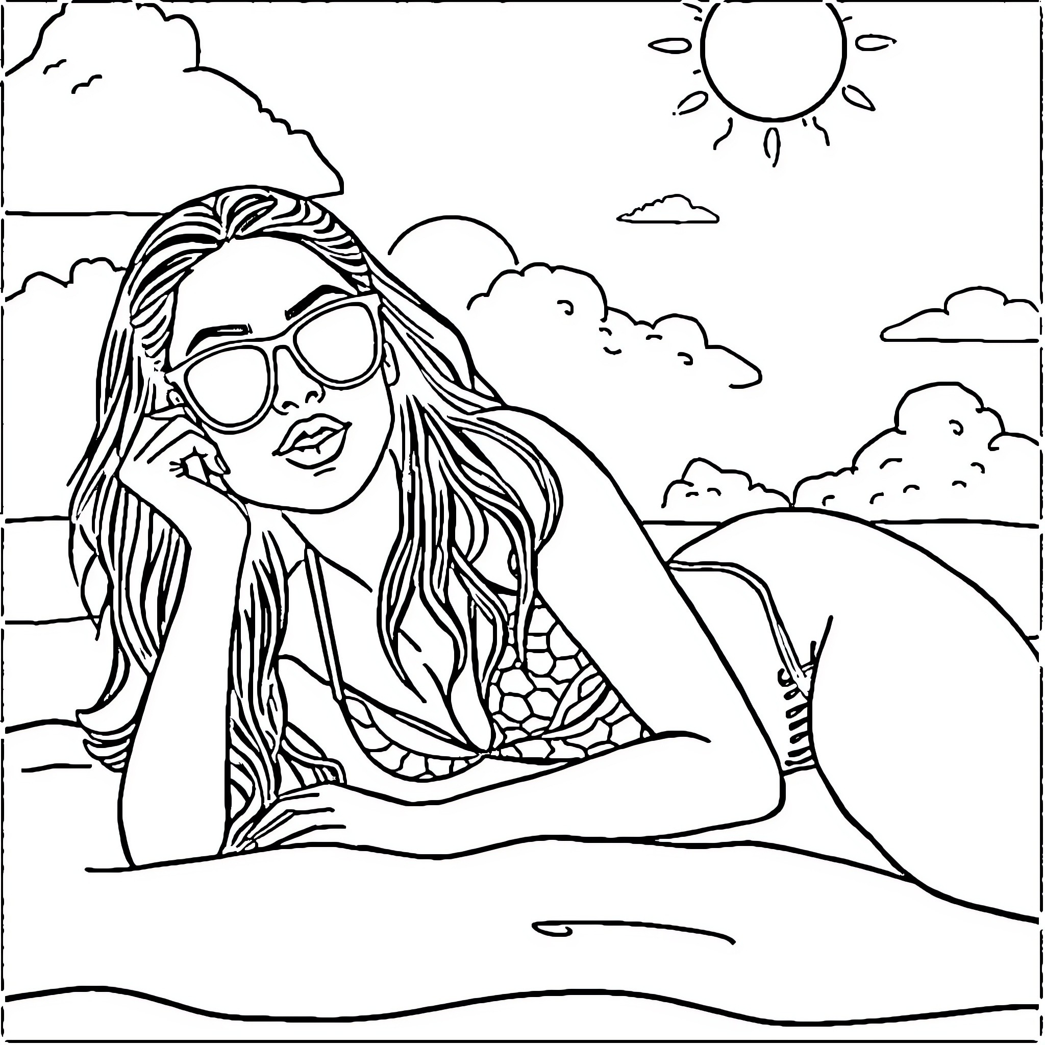 Ariana Grande enjoying the sunny day at the beach Coloring Page (free black-and-white line drawing printable PDF for all, from beginners to advanced learners, including children, teens, adults, and seniors)