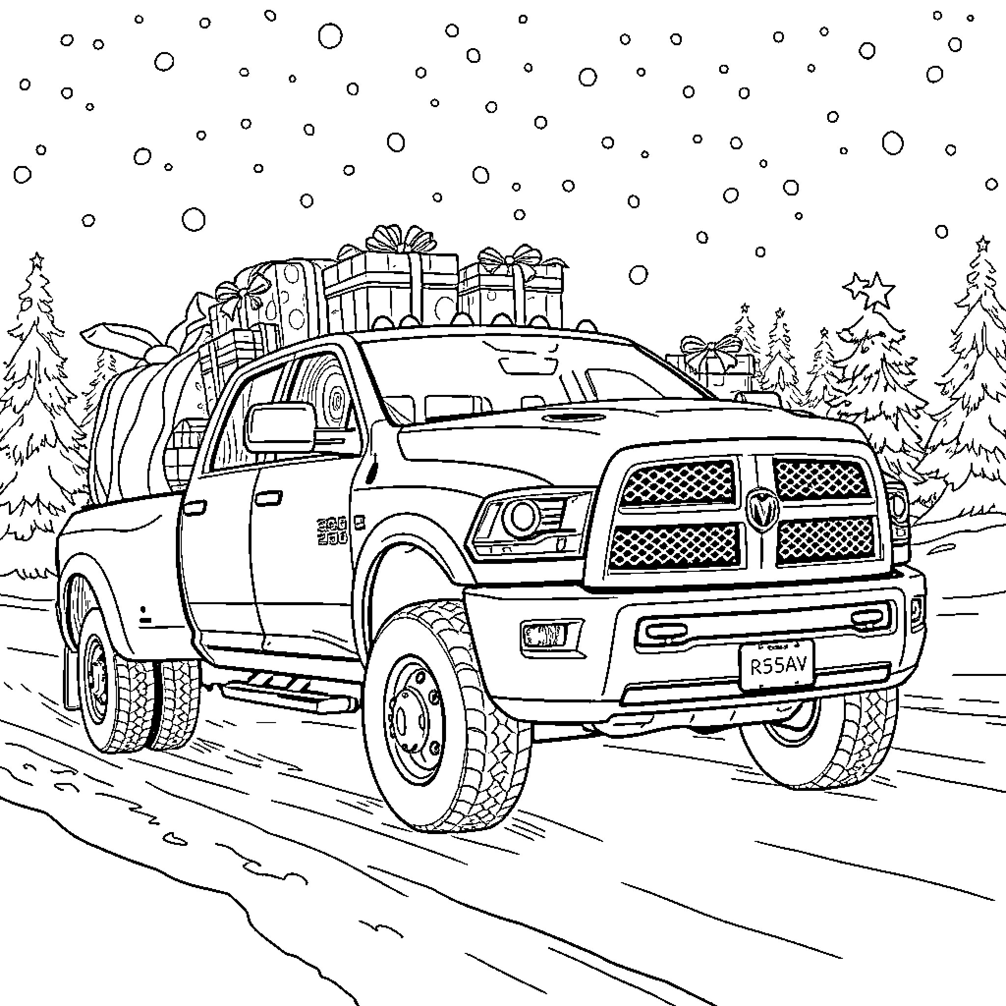 Ram truck carrying festive gifts through snowy landscape Coloring Page (free black-and-white line drawing printable PDF for all, from beginners to advanced learners, including children, teens, adults, and seniors)