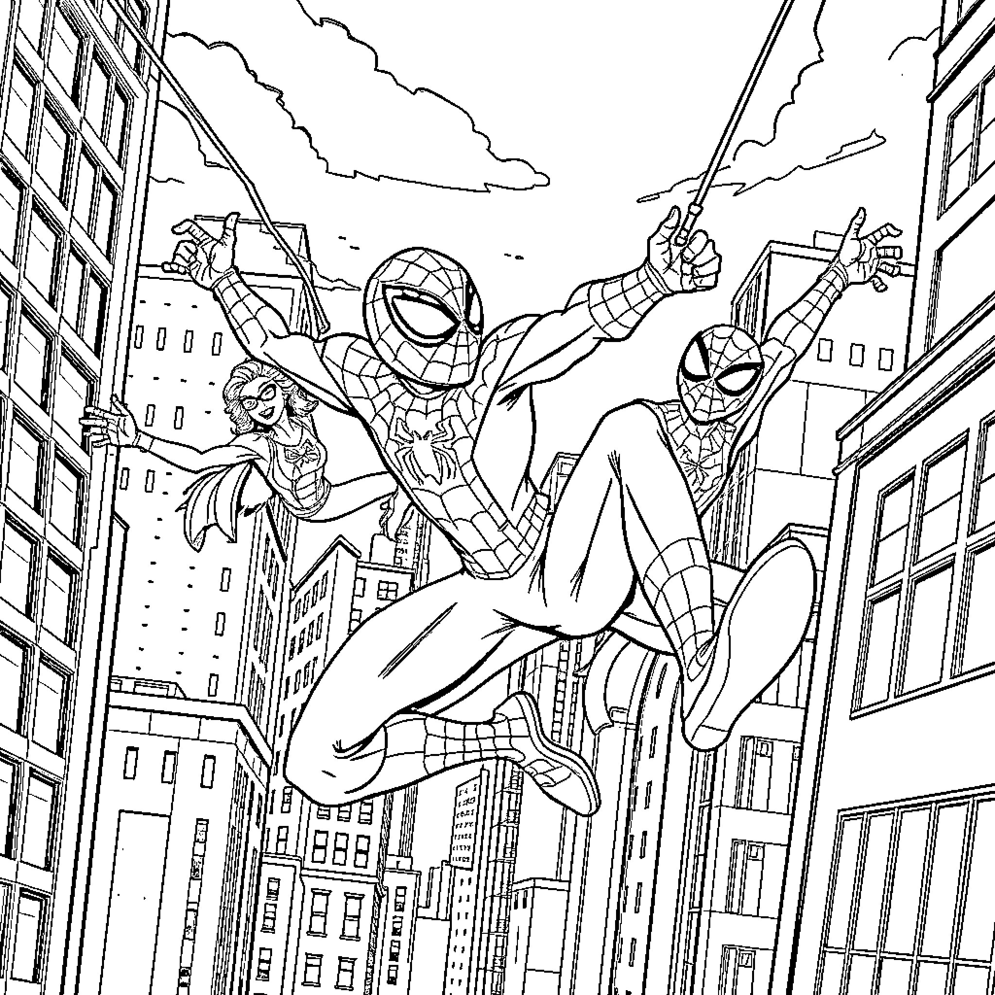 Spider-Man swinging through the city skyline Coloring Page (free black-and-white line drawing printable PDF for all, from beginners to advanced learners, including children, teens, adults, and seniors)