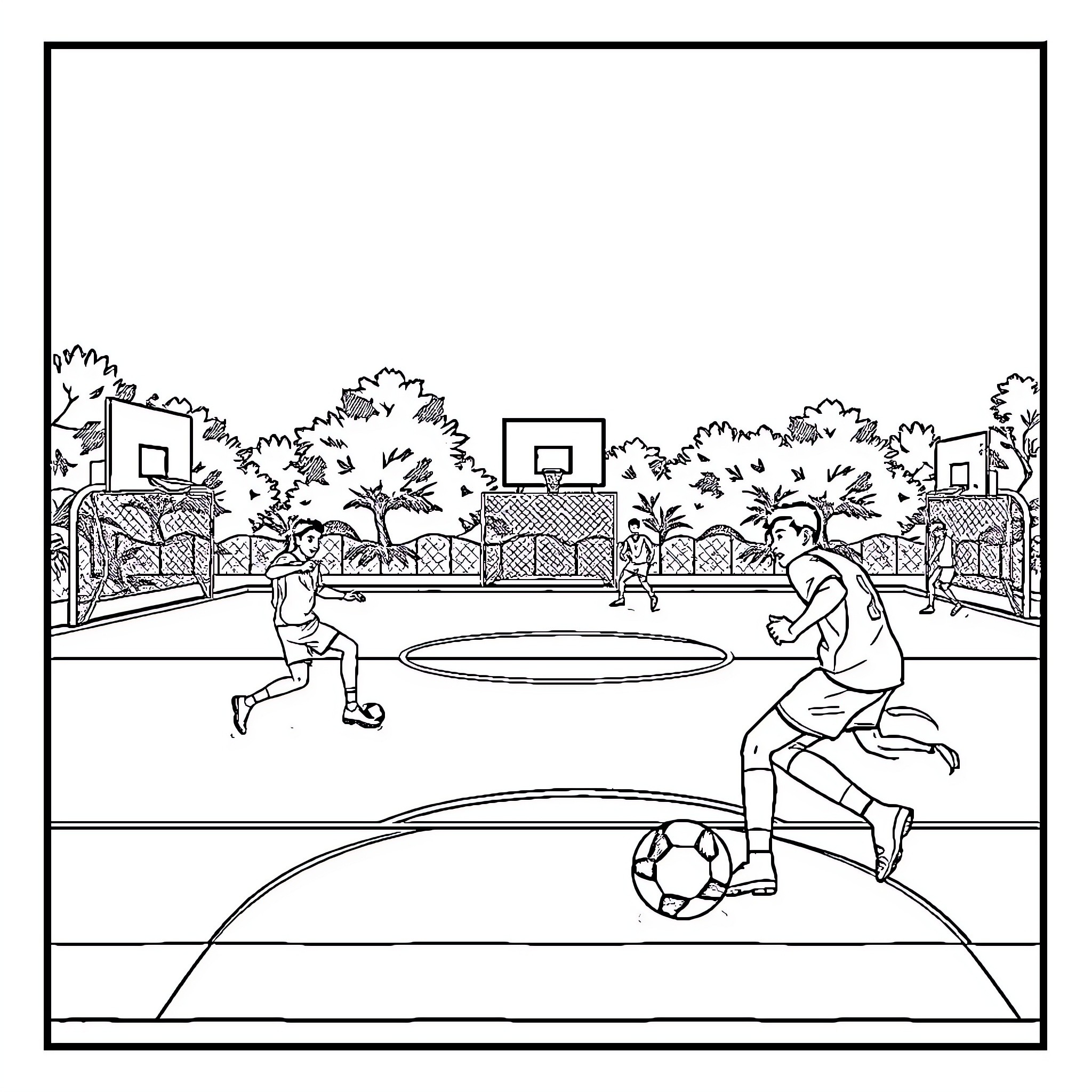 Soccer players on outdoor court in park Coloring Page (free black-and-white line drawing printable PDF for all, from beginners to advanced learners, including children, teens, adults, and seniors)