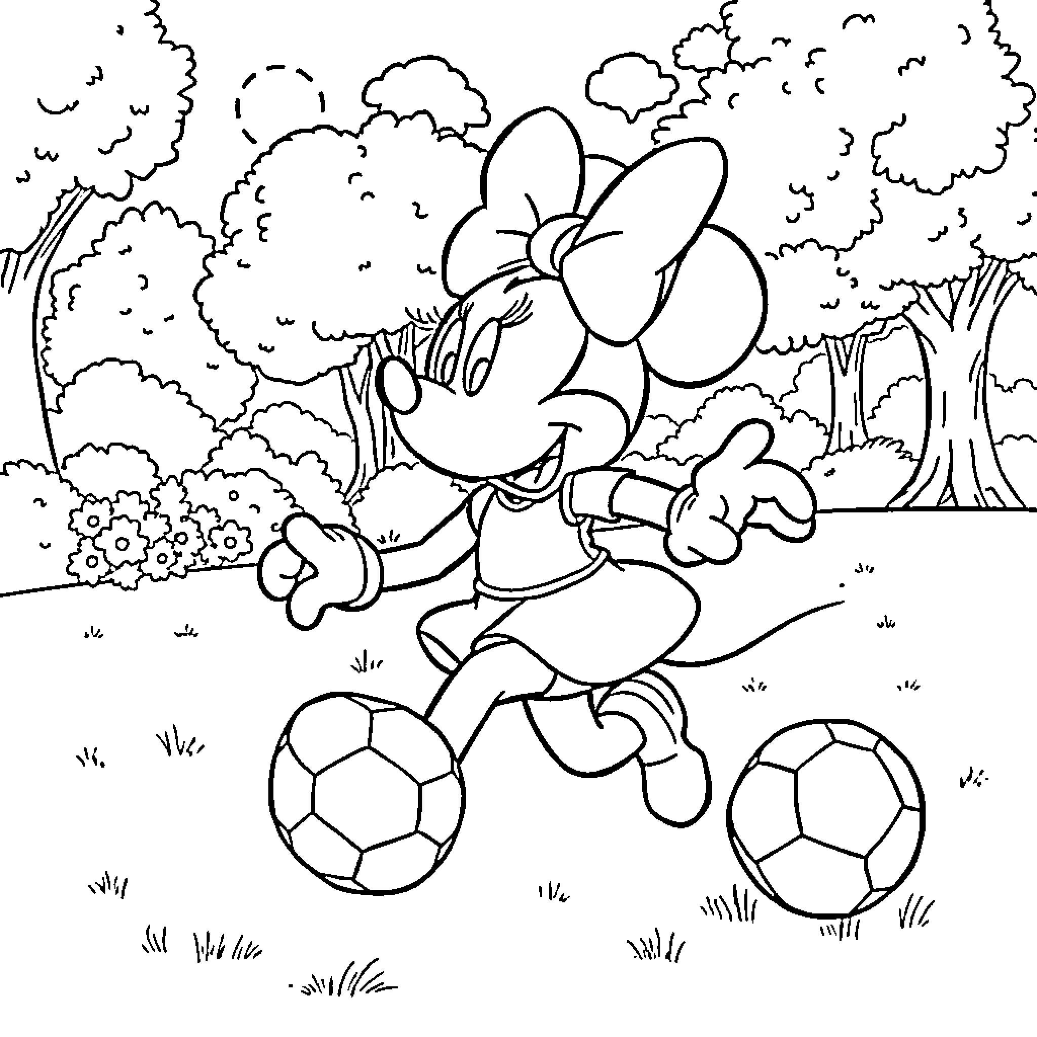 Minnie playing happily with soccer balls in the park Coloring Page (free black-and-white line drawing printable PDF for all, from beginners to advanced learners, including children, teens, adults, and seniors)