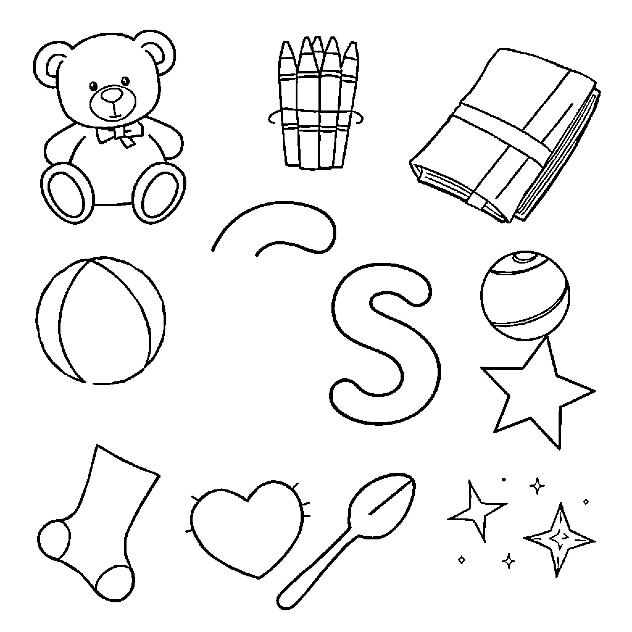 Item depicting various toys and school supplies Coloring Page (free black-and-white line drawing printable PDF for all, from beginners to advanced learners, including children, teens, adults, and seniors)