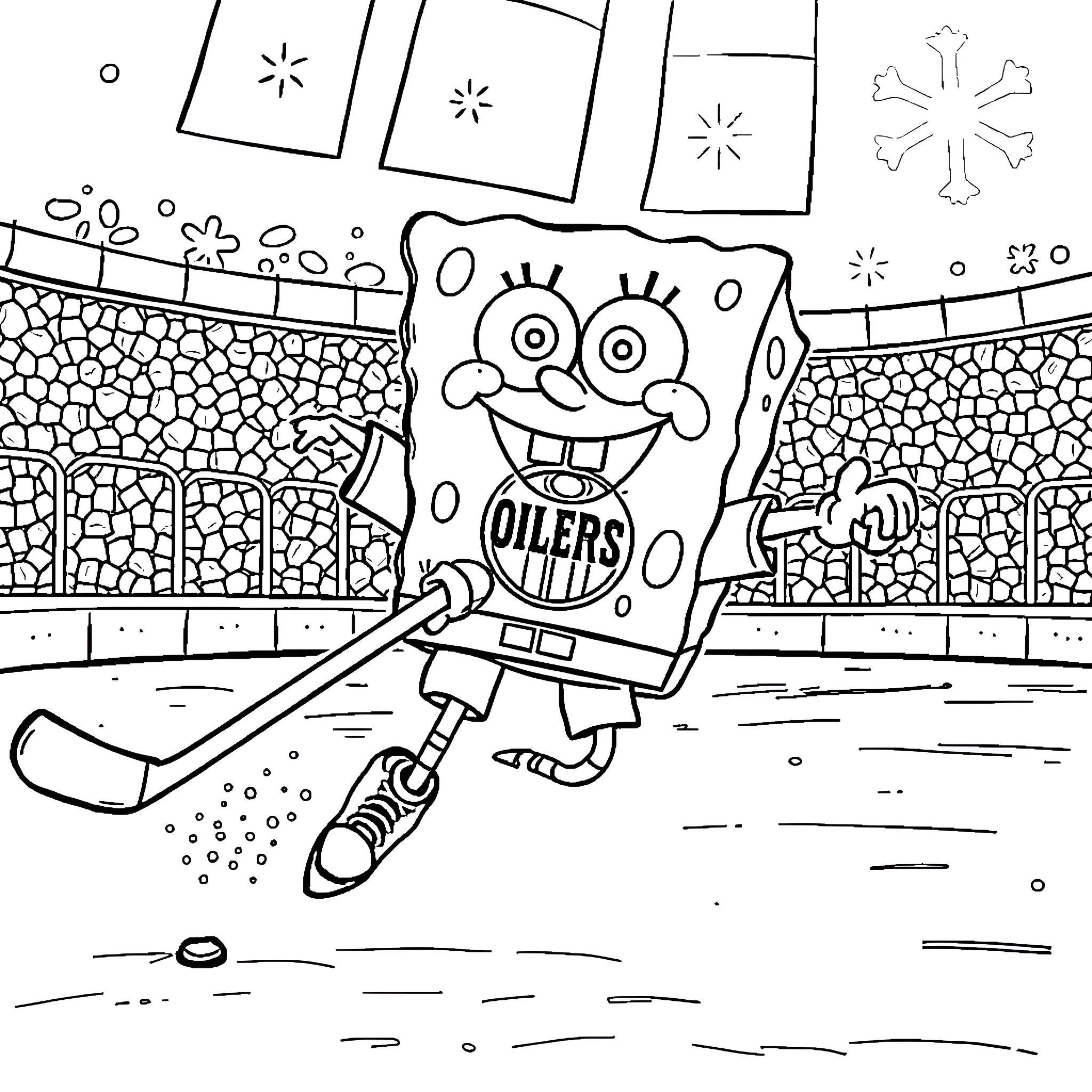 Spongebob playing hockey in the stadium Coloring Page (free black-and-white line drawing printable PDF for all, from beginners to advanced learners, including children, teens, adults, and seniors)
