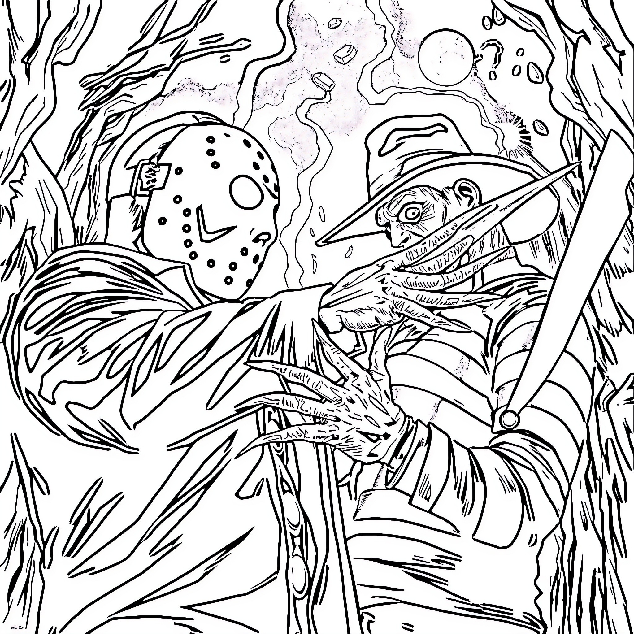 Jason's Frightening Encounter in the Eerie Forest Coloring Page (free black-and-white line drawing printable PDF for all, from beginners to advanced learners, including children, teens, adults, and seniors)