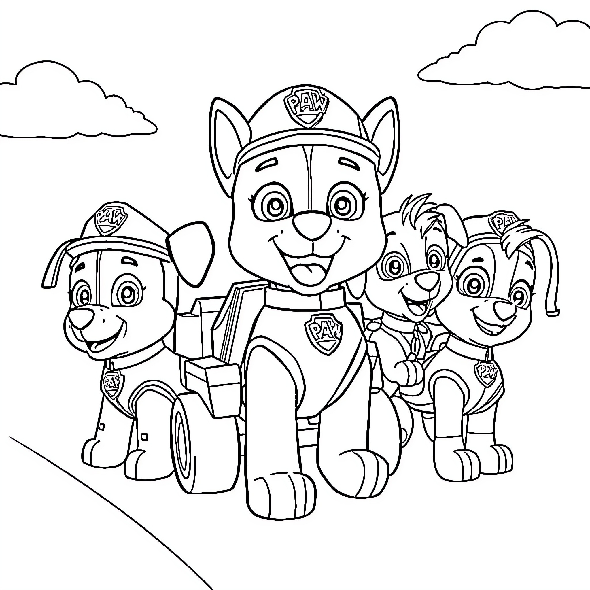 Paw Patrol Pups on a Mission Coloring Page (free black-and-white line drawing printable PDF for all, from beginners to advanced learners, including children, teens, adults, and seniors)