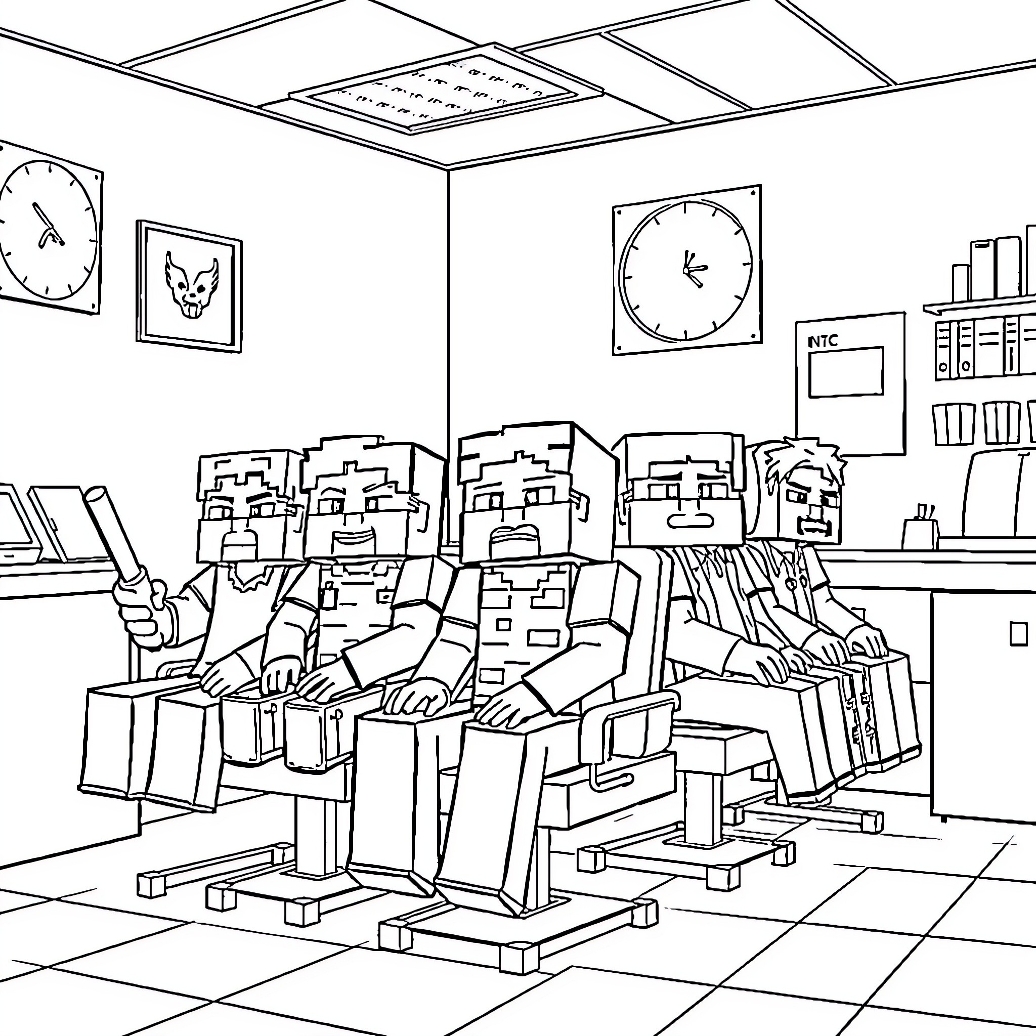 Minecraft Characters Working in an Office Coloring Page (free black-and-white line drawing printable PDF for all, from beginners to advanced learners, including children, teens, adults, and seniors)